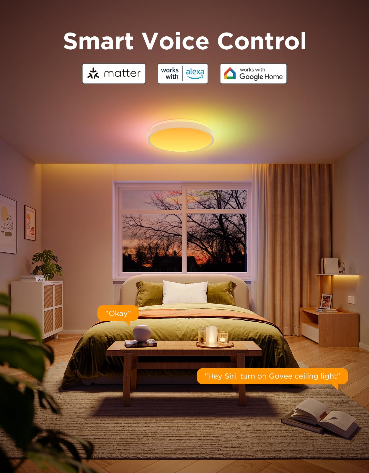 Govee Smart RGBIC LED Ceiling Light 15" 4300LM, Flush Mount, Dimmable 2700K-6500K, DIY Colors, Matter Compatible, Bedroom & Living Room