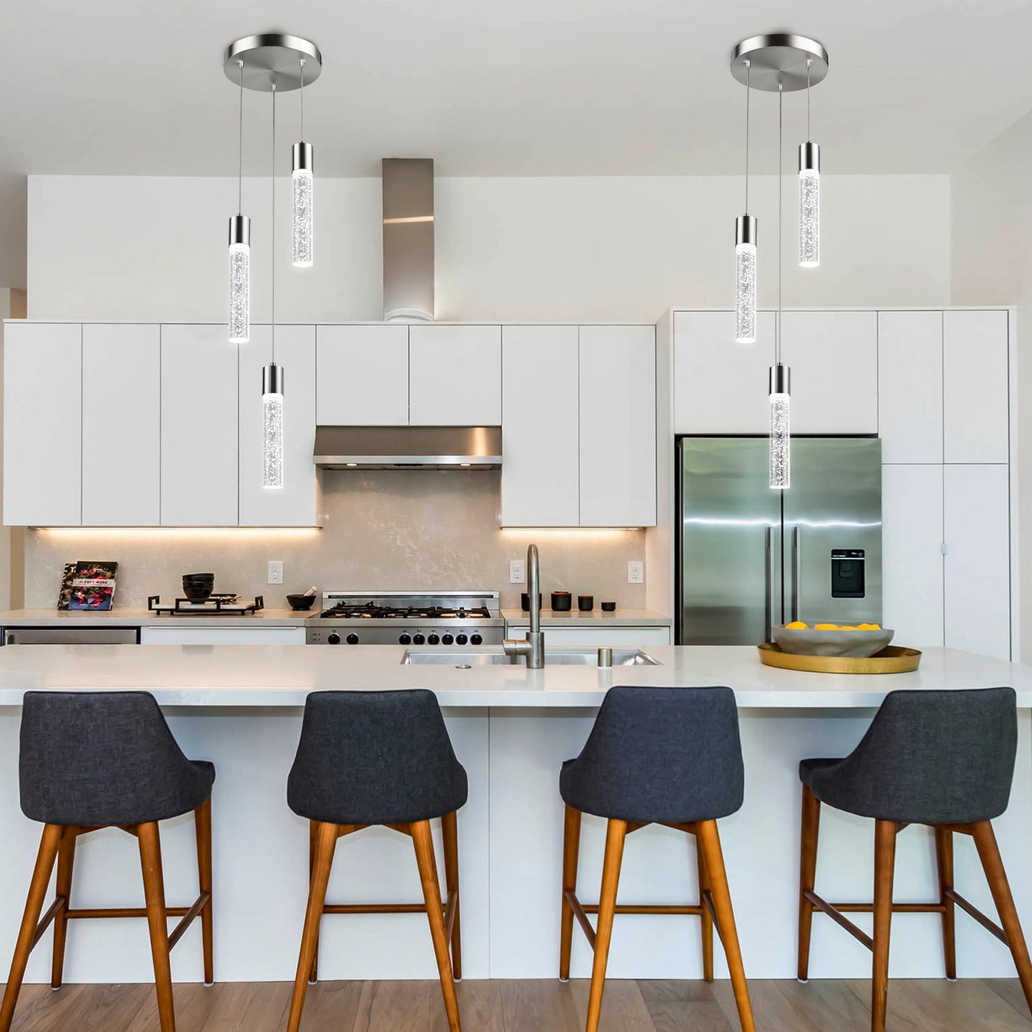 Esfos 3-Light Pendant Ceiling Light for Kitchen Island, Brushed Nickel with Crystal Bubble, Integrated LED 6500K Modern Hanging Light