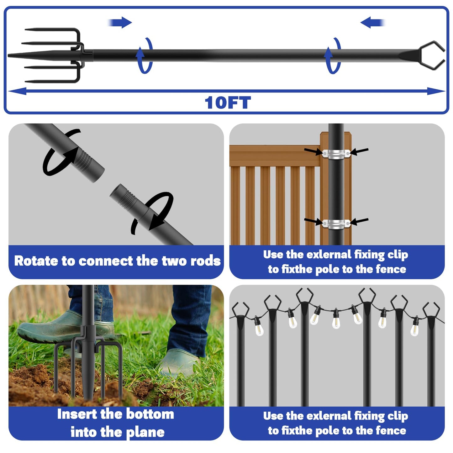 6 Pack 10FT Heavy Duty Metal String Light Poles, Adjustable Outdoor Lighting Stands for Patio Backyard Garden, Rustproof with Hooks