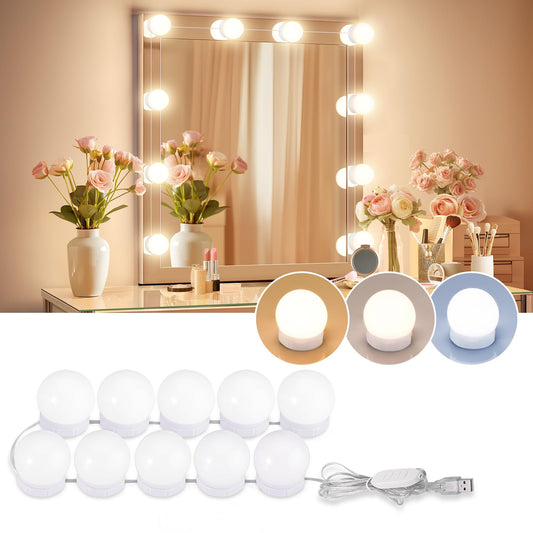 Consciot Hollywood LED Vanity Mirror Lights – 10 Dimmable Bulbs, Adjustable Brightness & Color, USB Powered, Stick-On for Makeup Table