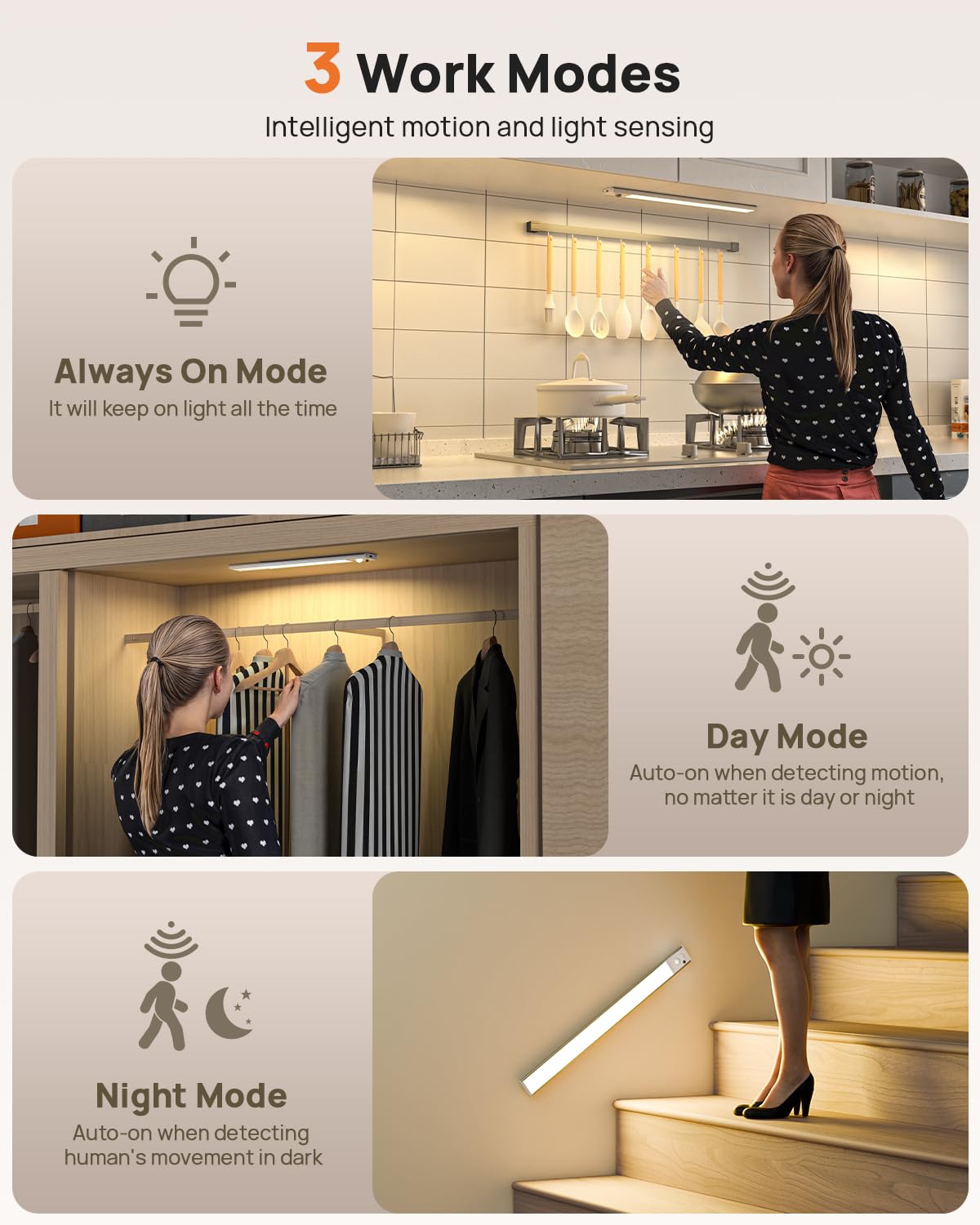 16" LED Under Cabinet Lights, Motion Sensor, USB Rechargeable, 3 Color Temps, Remote Control, Wireless Kitchen, Closet, Stair, 2 Pack