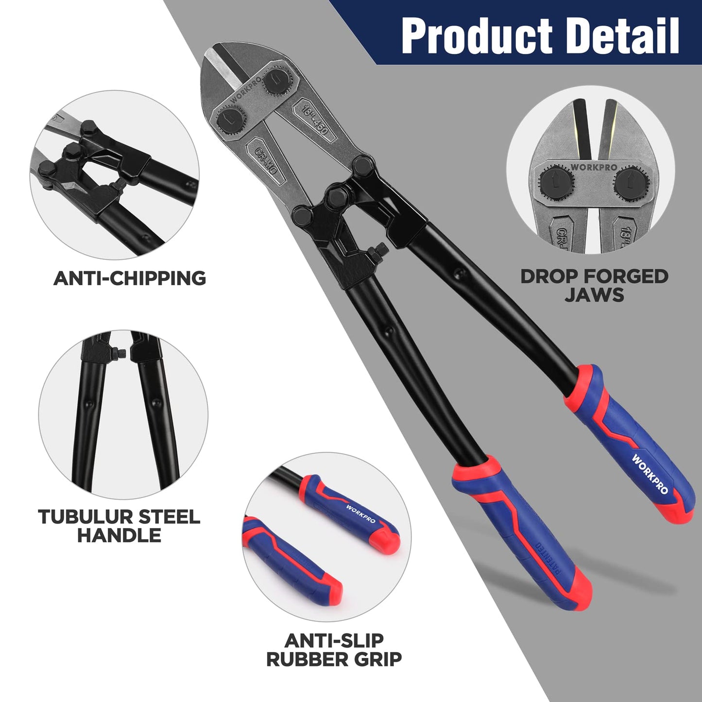 WORKPRO 18" Heavy Duty Bolt Cutter – Chrome Moly Steel, Soft Grip, Cuts Chain, Wire, Screws & Rivets, Black/Blue/Red
