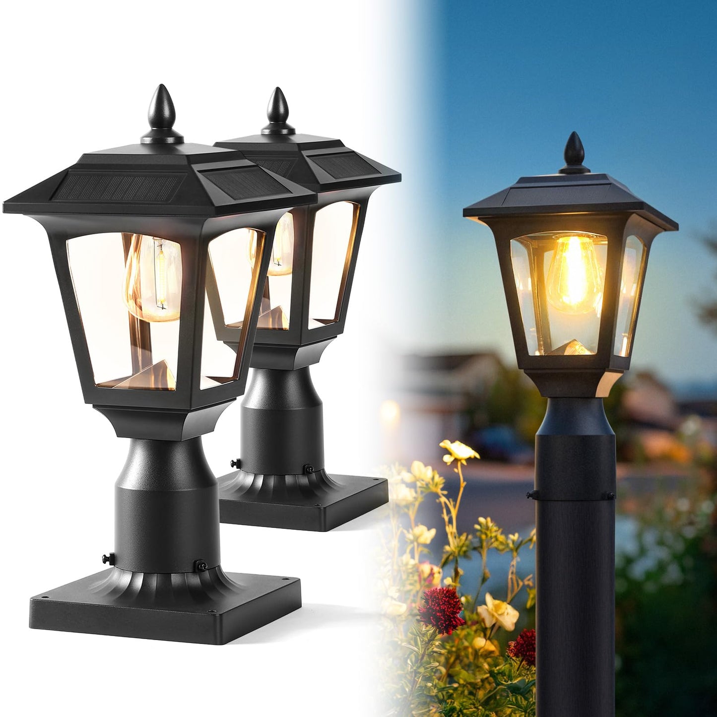 PASAMIC Solar Post Lights 2 Pack, 3000K Warm White Dusk to Dawn Outdoor Solar Fence & Garden Pillar Lights, Waterproof Aluminum Base, Bonus Bulb Included