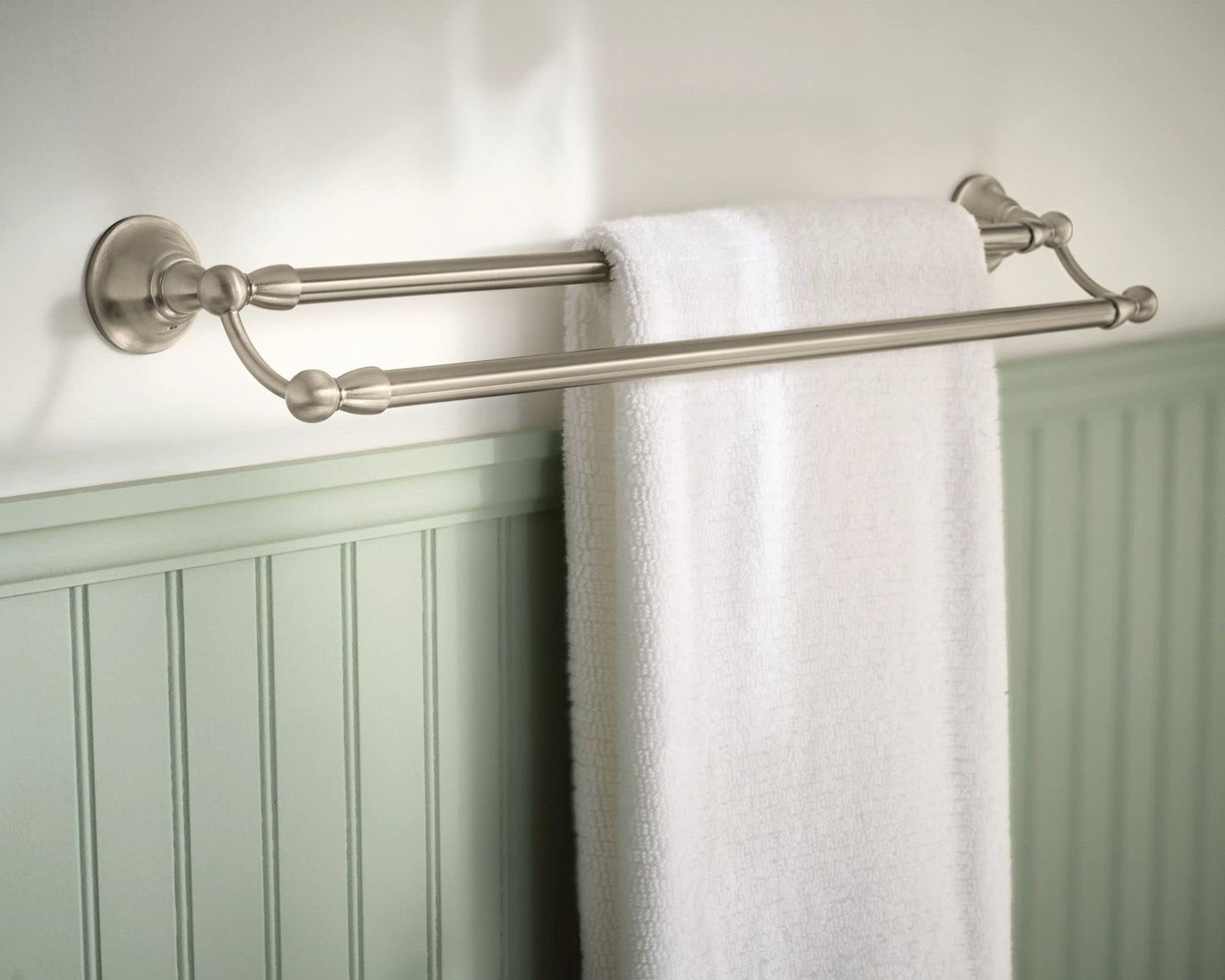 Moen Sage Collection Spot Resist Brushed Nickel 24-Inch Double Bathroom Towel Bar, Wall Mounted Bath Hanger with Two Rods, DN6822BN