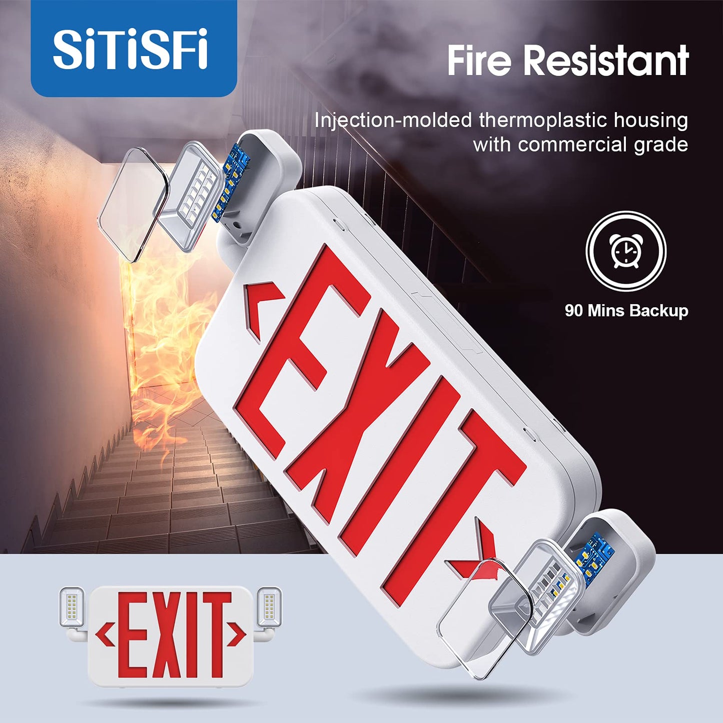SITISFI LED Emergency Exit Sign Light with 2 Adjustable Heads & Backup Battery, US Red Letter, UL 924, AC120/277V, 2-Pack