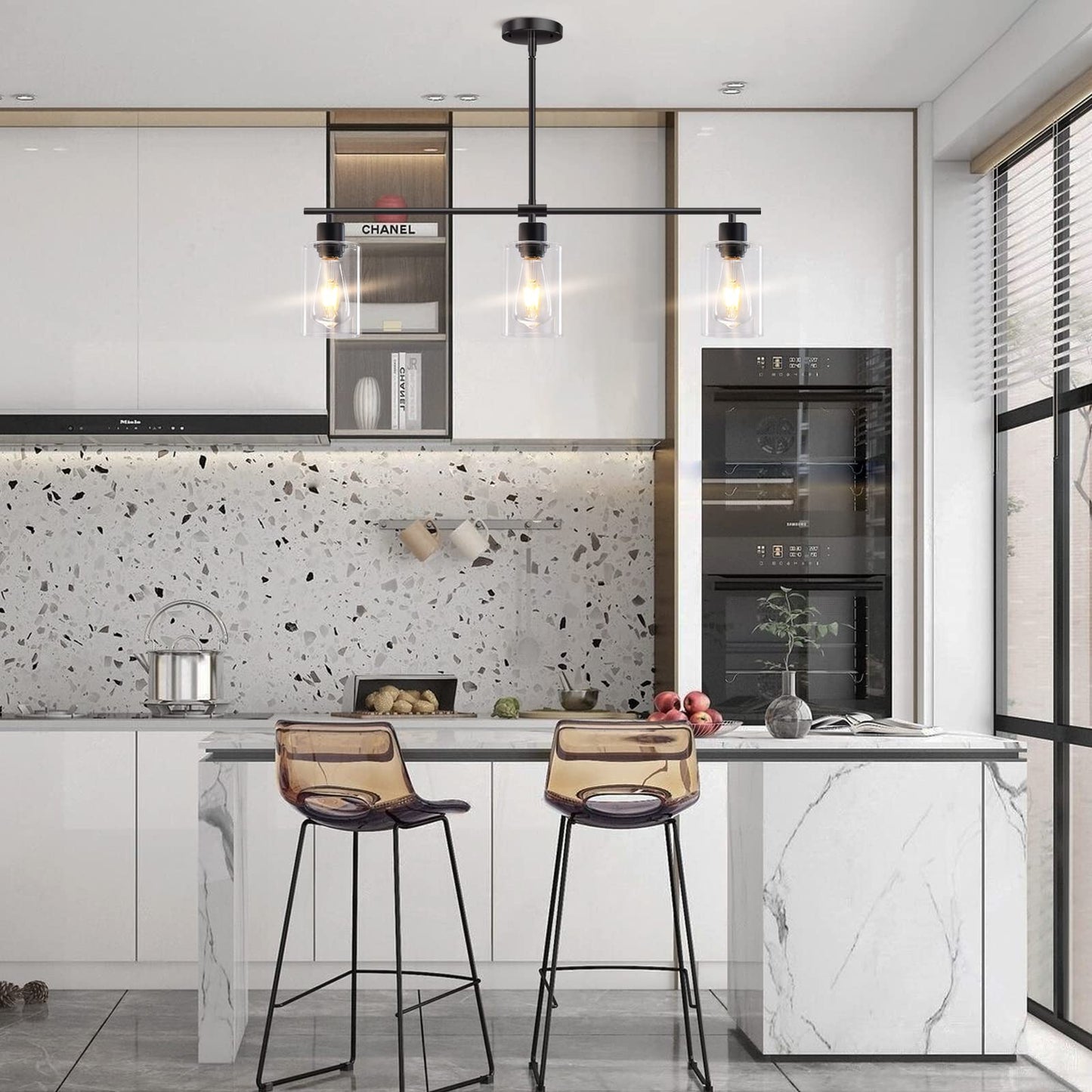 **Yarlkav Kitchen Island Lighting, 3-Light Linear Rectangle Chandelier Pendant, Farmhouse Dining Room Hanging Light with Glass Shades, Black**