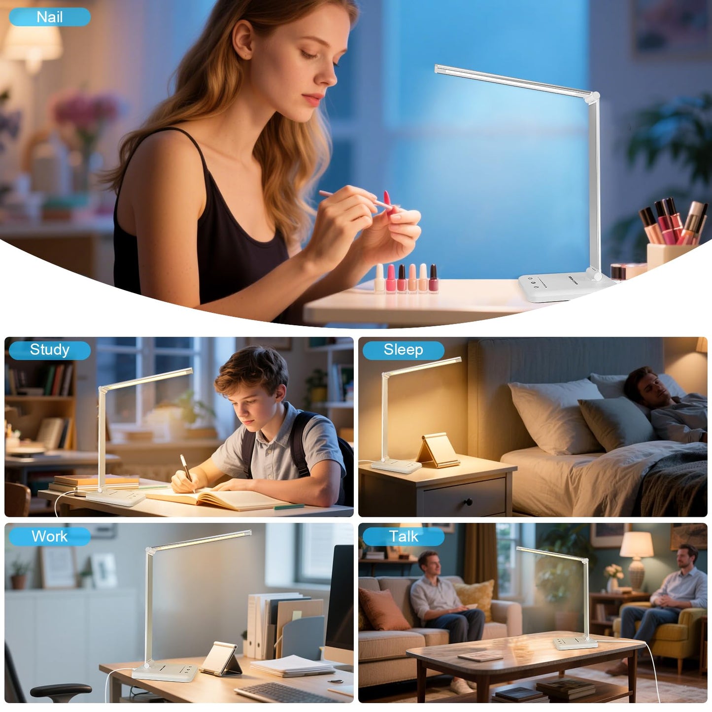 White Crown LED Desk Lamp, Dimmable Reading Table Lamp with USB Charging Port, Touch Control, 5 Lighting Modes, 30/60 Min Timer (White)