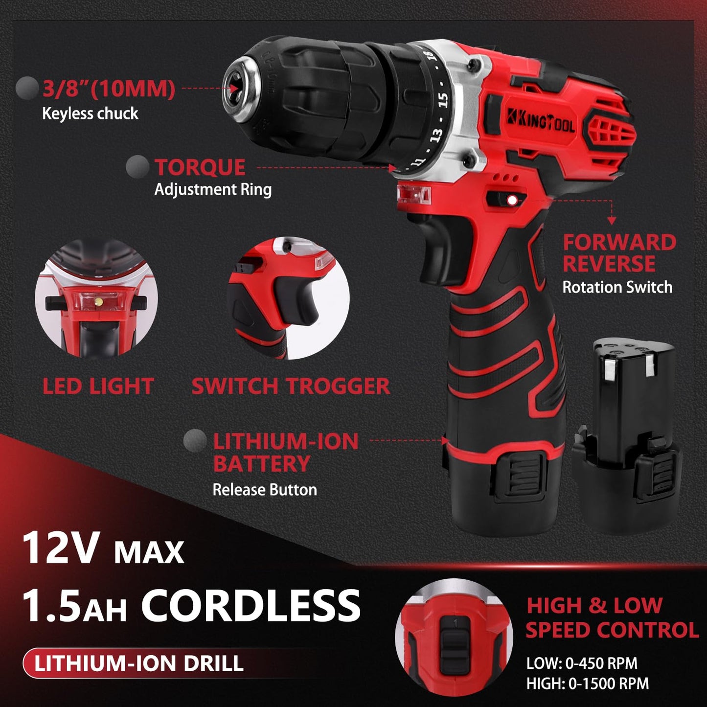 KingTool 276-Piece Tool Set with 12V Cordless Drill, Driver, Drill Bits & Toolbox with Drawer – Ideal for Home, DIY & Handyman