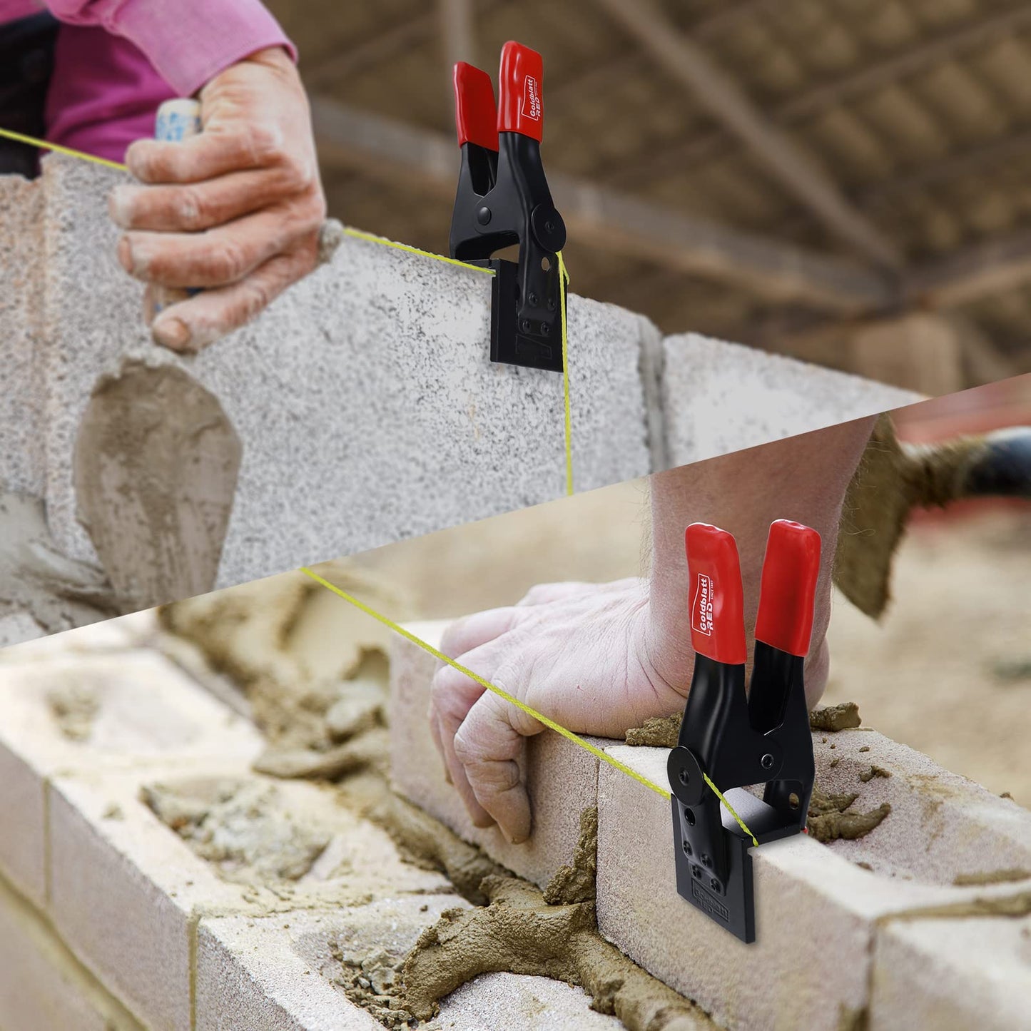 Goldblatt 4-Piece Mason Line Clamp & String Set with Red & Orange Nylon Twine Rolls, Concrete & Masonry Measurement Tools