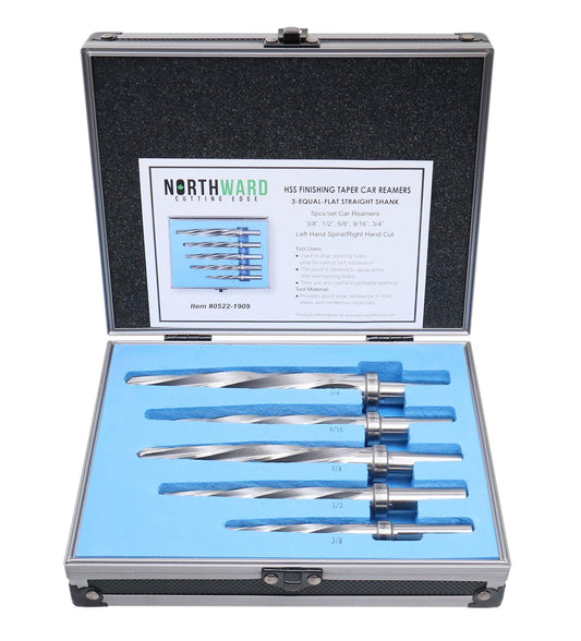 Accusize 5-Pc HSS Spiral Flute Car Reamer Set, 3/8"–3/4", Super Premium, Fits 3/8" or 1/2" Chuck, Aluminum Case