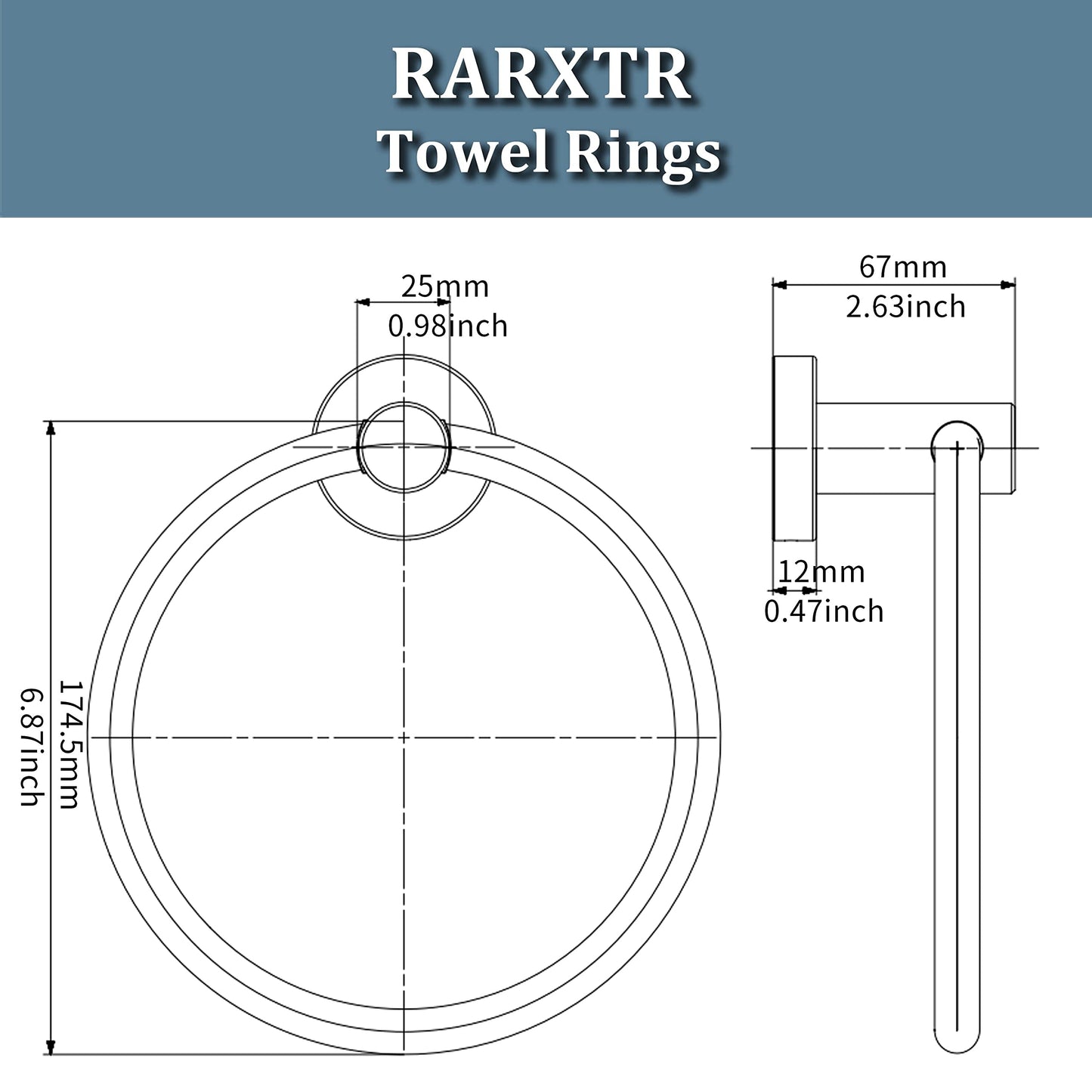 RARXTR Brushed Nickel Towel Ring, Hand Towel Holder for Bathroom Kitchen Modern Rounded Base Wall Mount SUS304 Stainless Steel