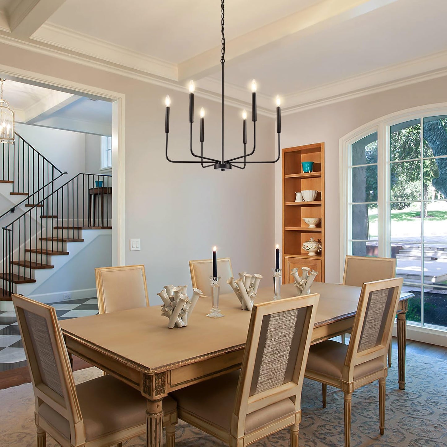 ONESMING 6-Light Modern Black Chandelier, Metal Farmhouse Hanging Pendant Light for Dining Room, Kitchen, Living Room, Bedroom