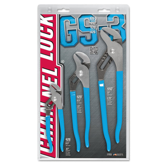 Channellock Tongue and Groove Pliers GS-3 Set - Straight Jaw, High Carbon Steel - 6.5", 9.5", 12"