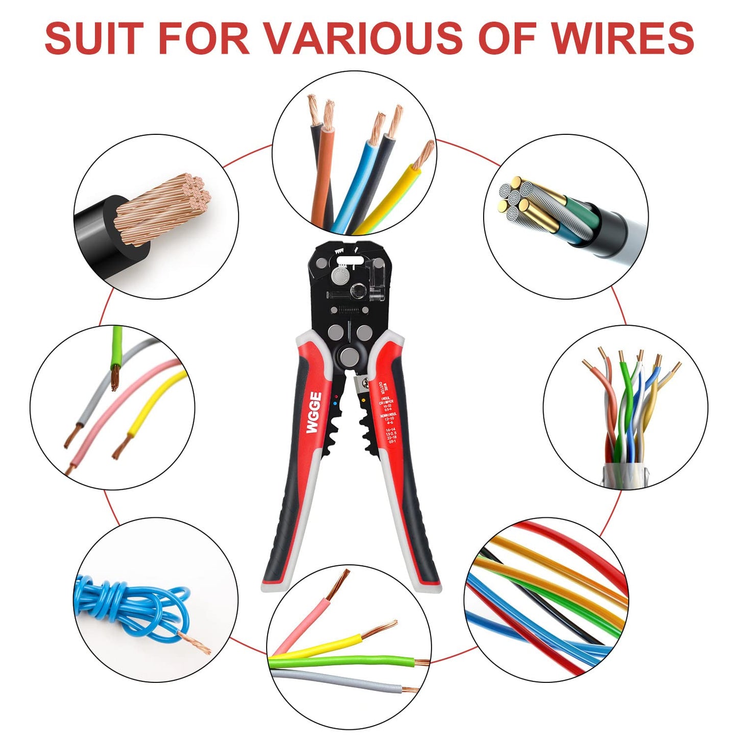 WGGE WG-014 3-in-1 Self-Adjusting Wire Stripper, Cutter & Crimper, AWG 10-24, 8" Automatic Wire Stripping Pliers Tool