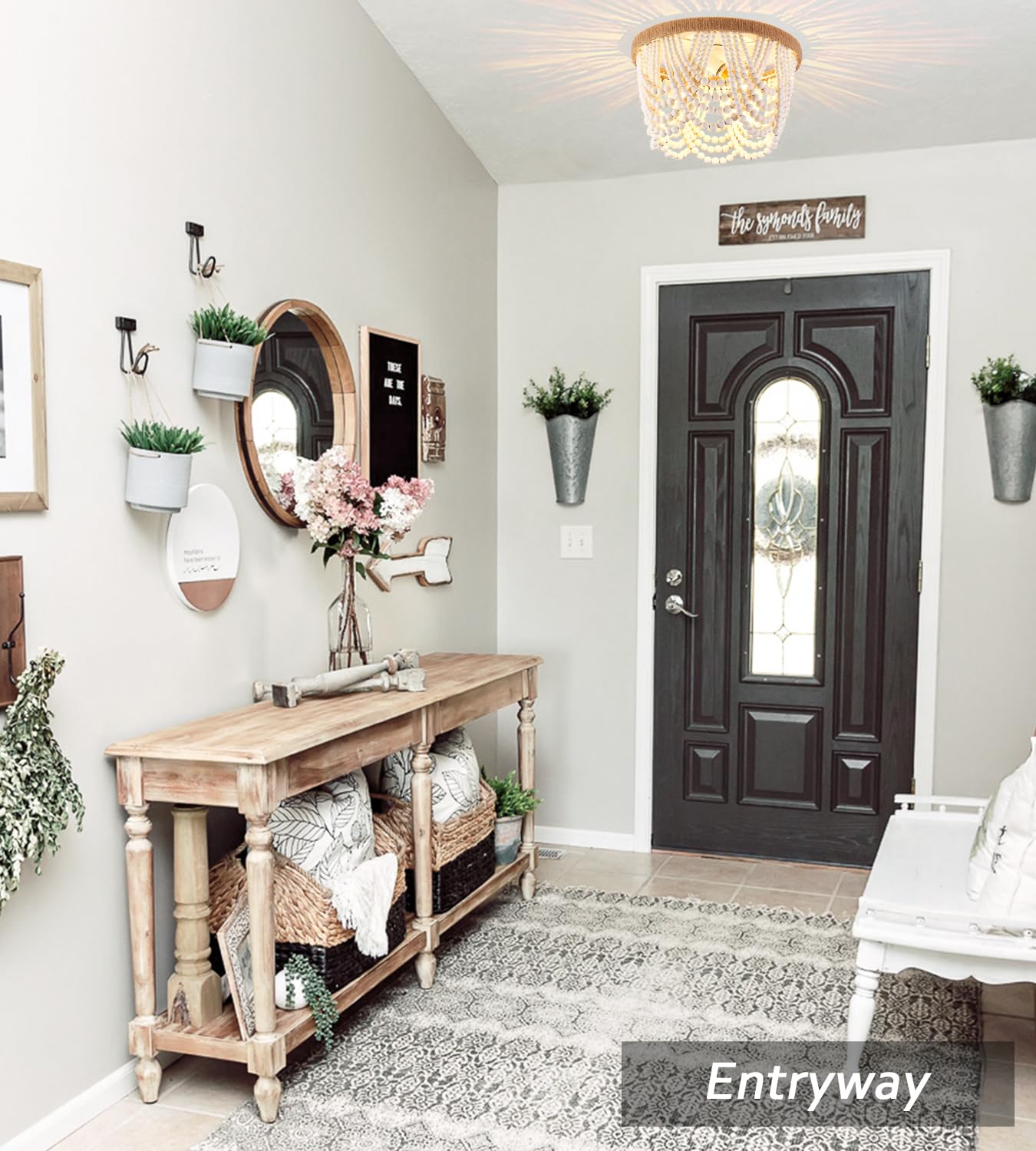 Capslpad Wood Beaded 3-Light Flush Mount Ceiling Light, Rustic Antique Mini Chandelier, White Boho Fixture for Bedroom & Hallway