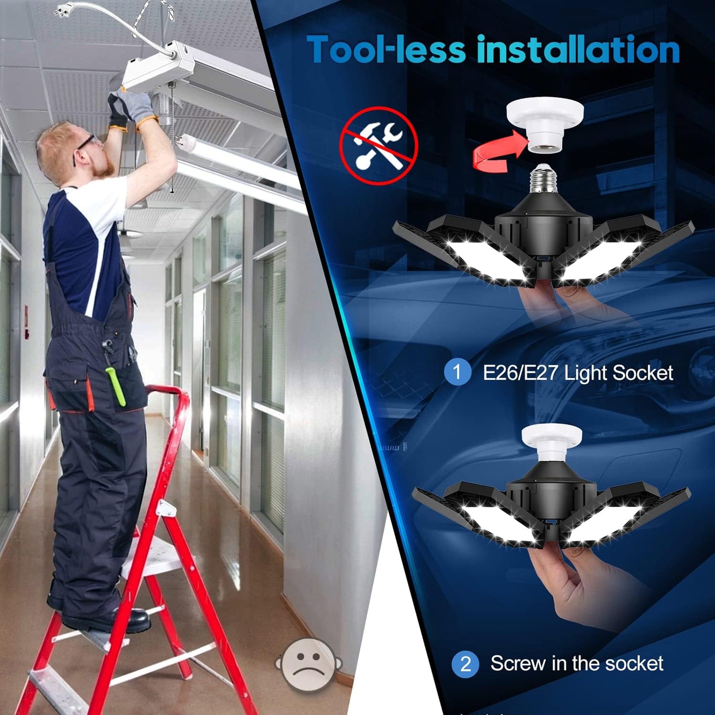 TANBABY 2 Pack 150W LED Garage Lights, 15000LM Deformable Ceiling Shop Lights, 6500K, 6+1 Adjustable Panels for Garage Basement