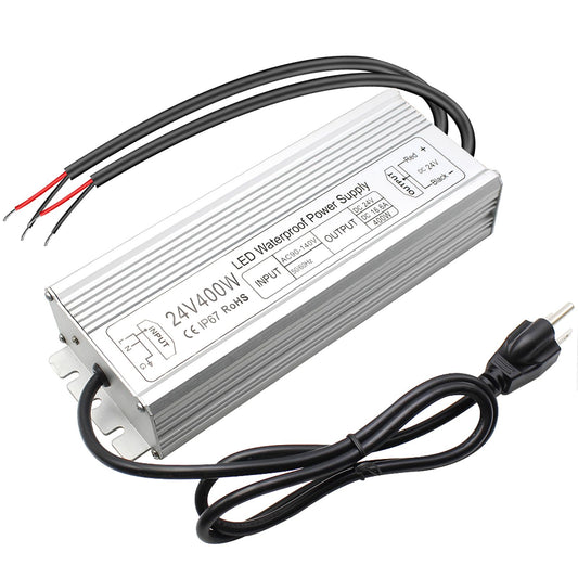 inShareplus 24V 400W LED Power Supply, IP67 Waterproof Outdoor Driver, AC 90-140V to DC 24V Transformer for LED & Projects
