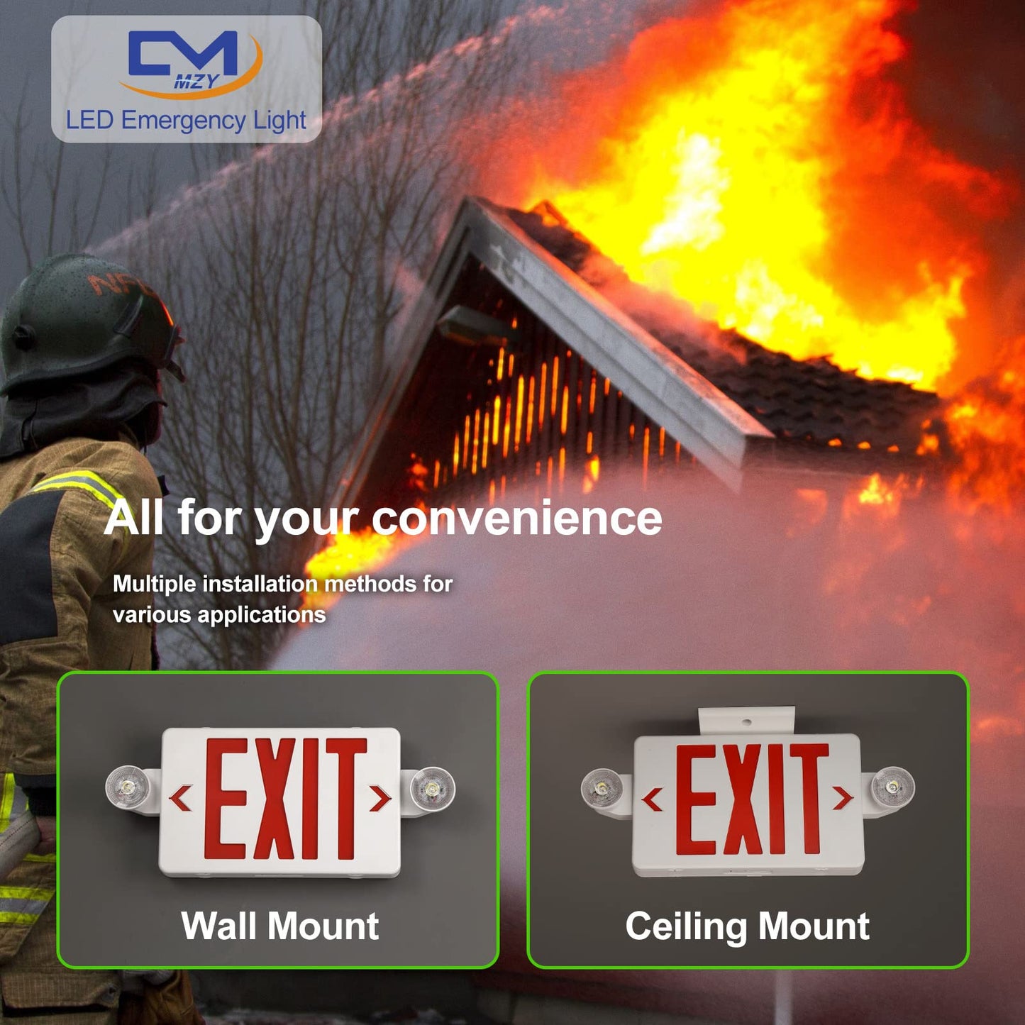 CM MZY LED Exit Sign with Emergency Lights, Red Letter, Battery Backup, 2 Adjustable Heads, AC 120V/277V, UL Certified, 1 Pack