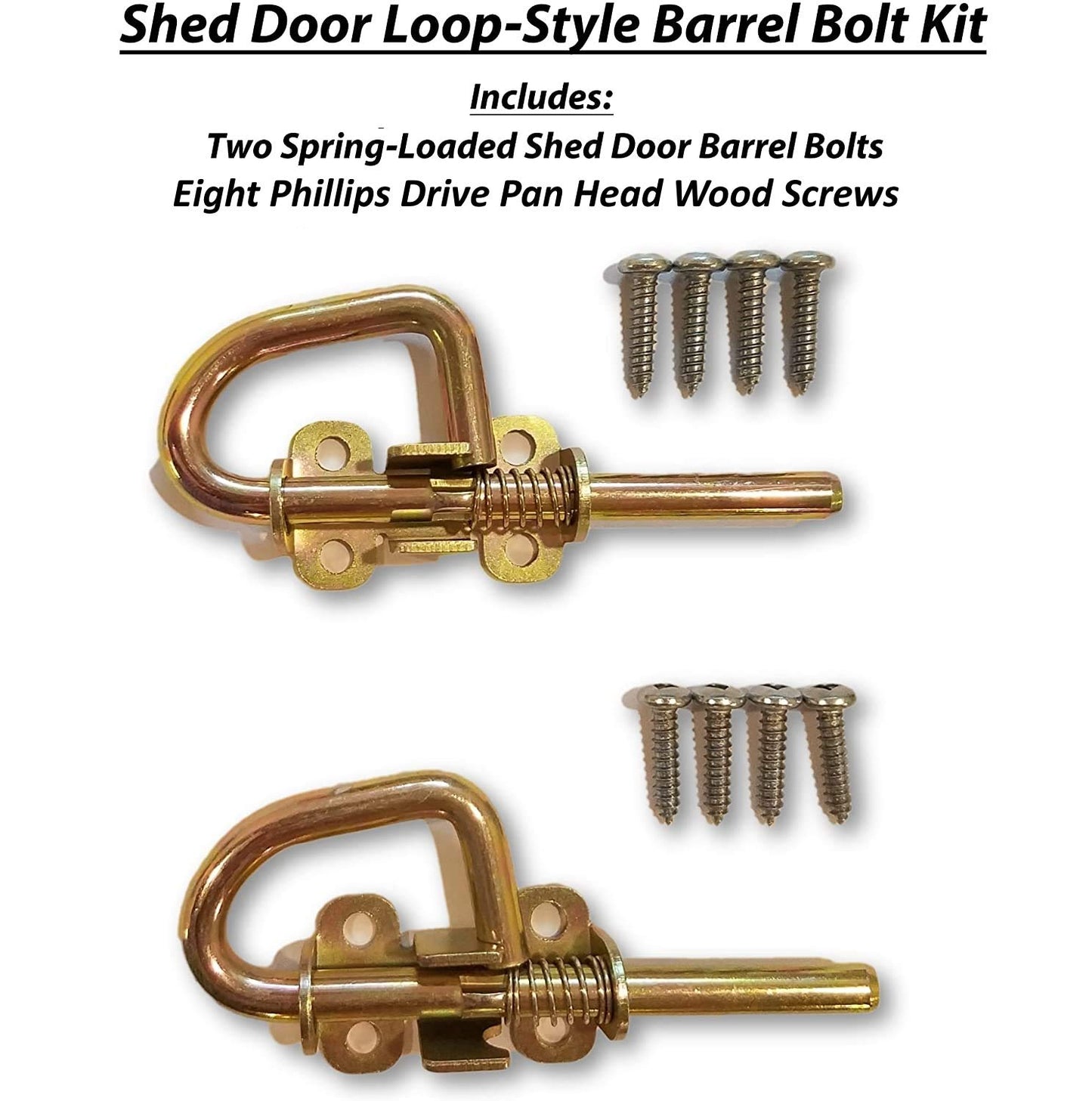 Loop Style Spring Barrel Bolts - 1 Pair - Includes 8 Screws - Shed Door Hardware, Shed Door, Barn Door Sheds, Gates, Playhouses, & Chicken Coops