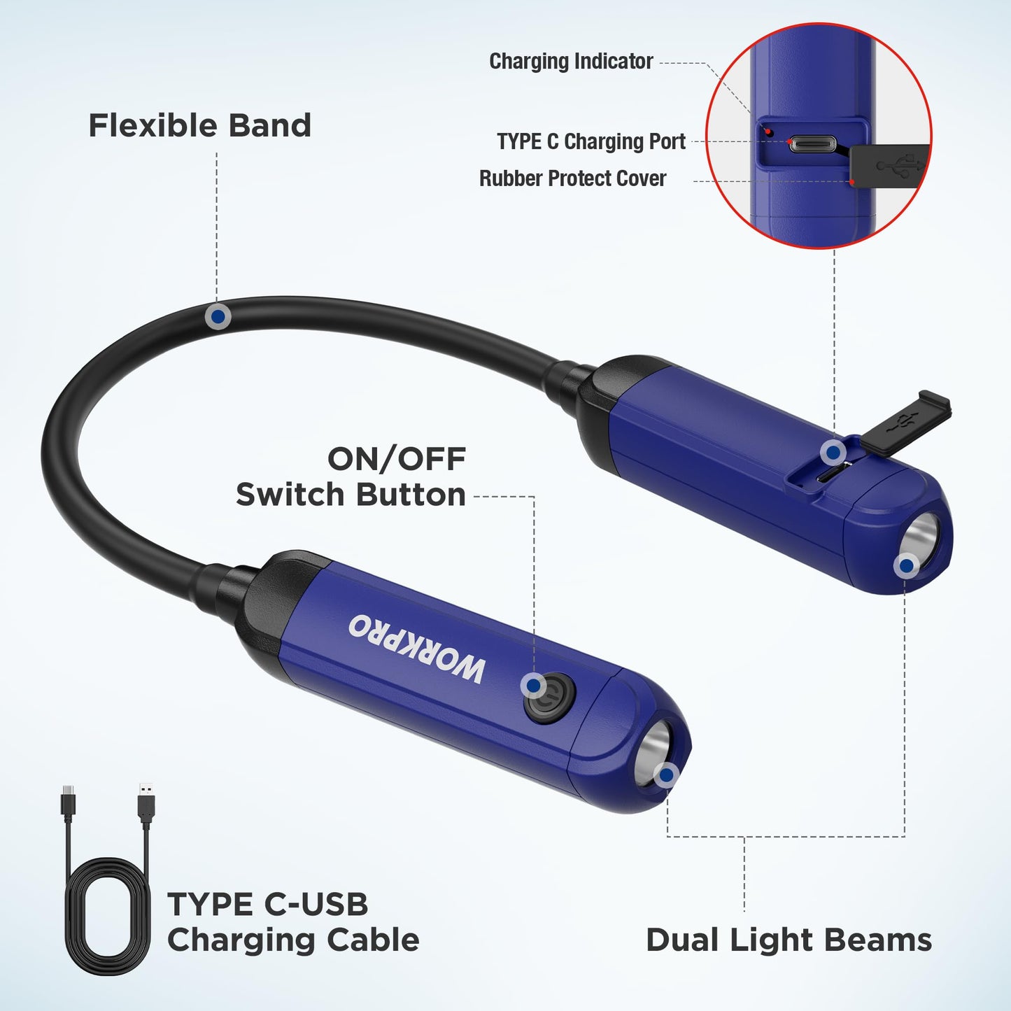 WORKPRO Rechargeable Neck Light – 300 Lumens, 3 Brightness Levels, Bendable Silicone Arm, Hands-Free for Reading, Camping, DIY, Blue/Black