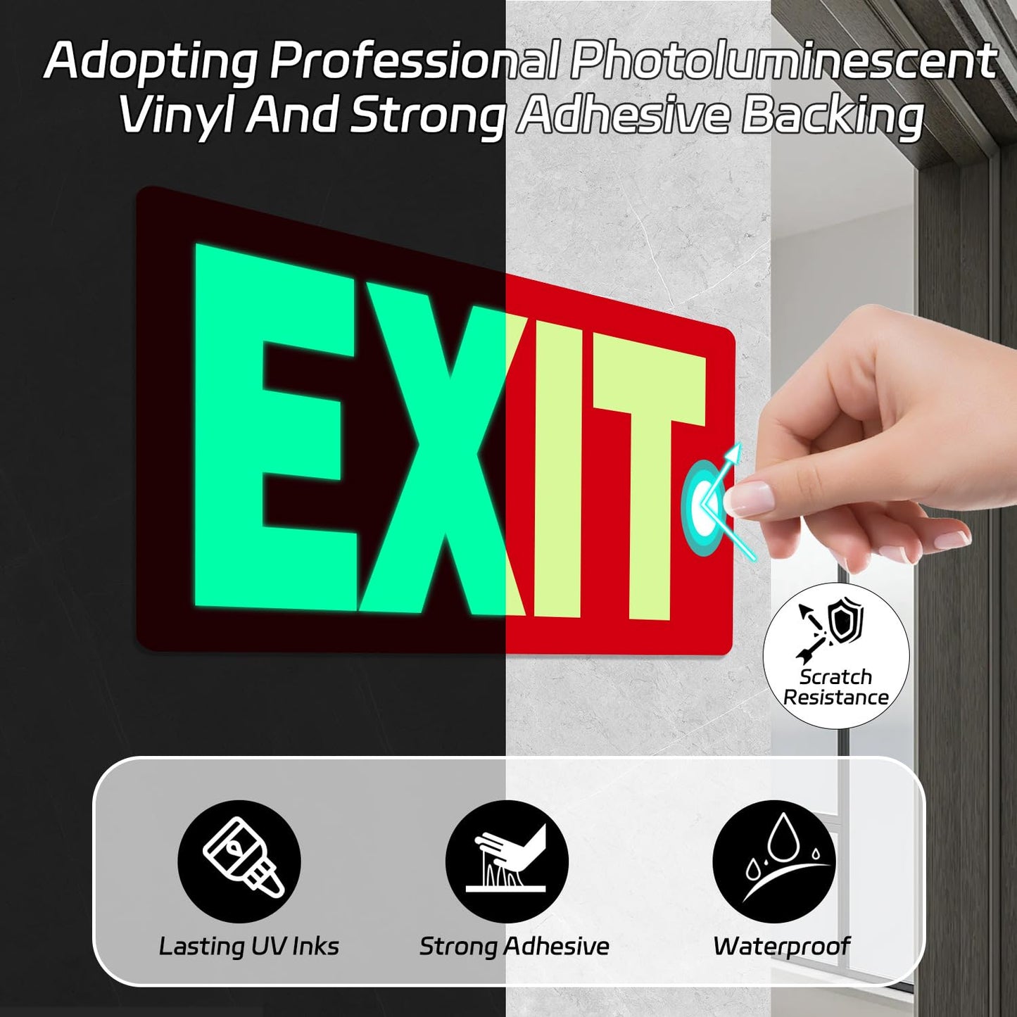EXIT Sign Glow in the Dark Decals, 2-Pack 10"x7" Vinyl Stickers with 4 Arrows, Photoluminescent Emergency Signs, Visible 8 Hours