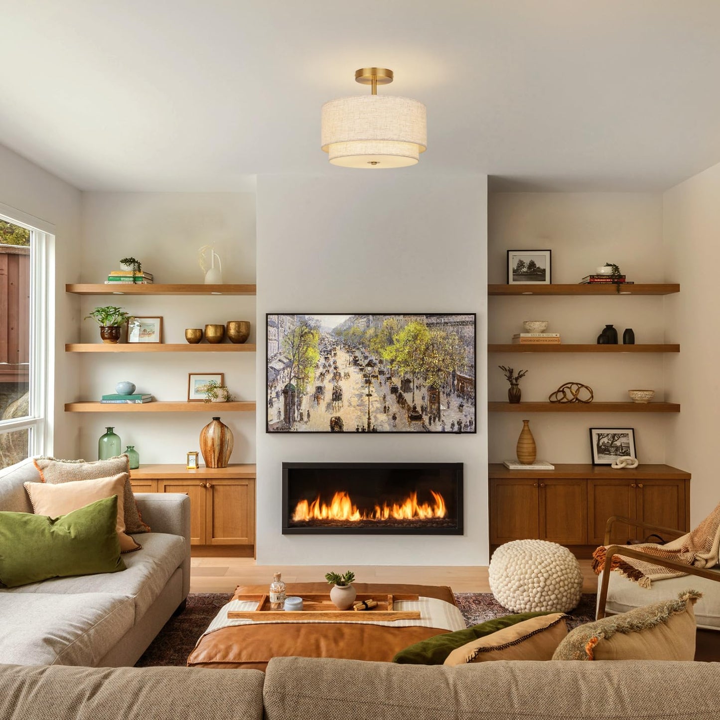 Semi Flush Mount Ceiling Light, 12.6" Gold Modern Drum Fixture with 2-Layer Linen Shade, Farmhouse Ceiling Light for Bedroom Living Room Hallway