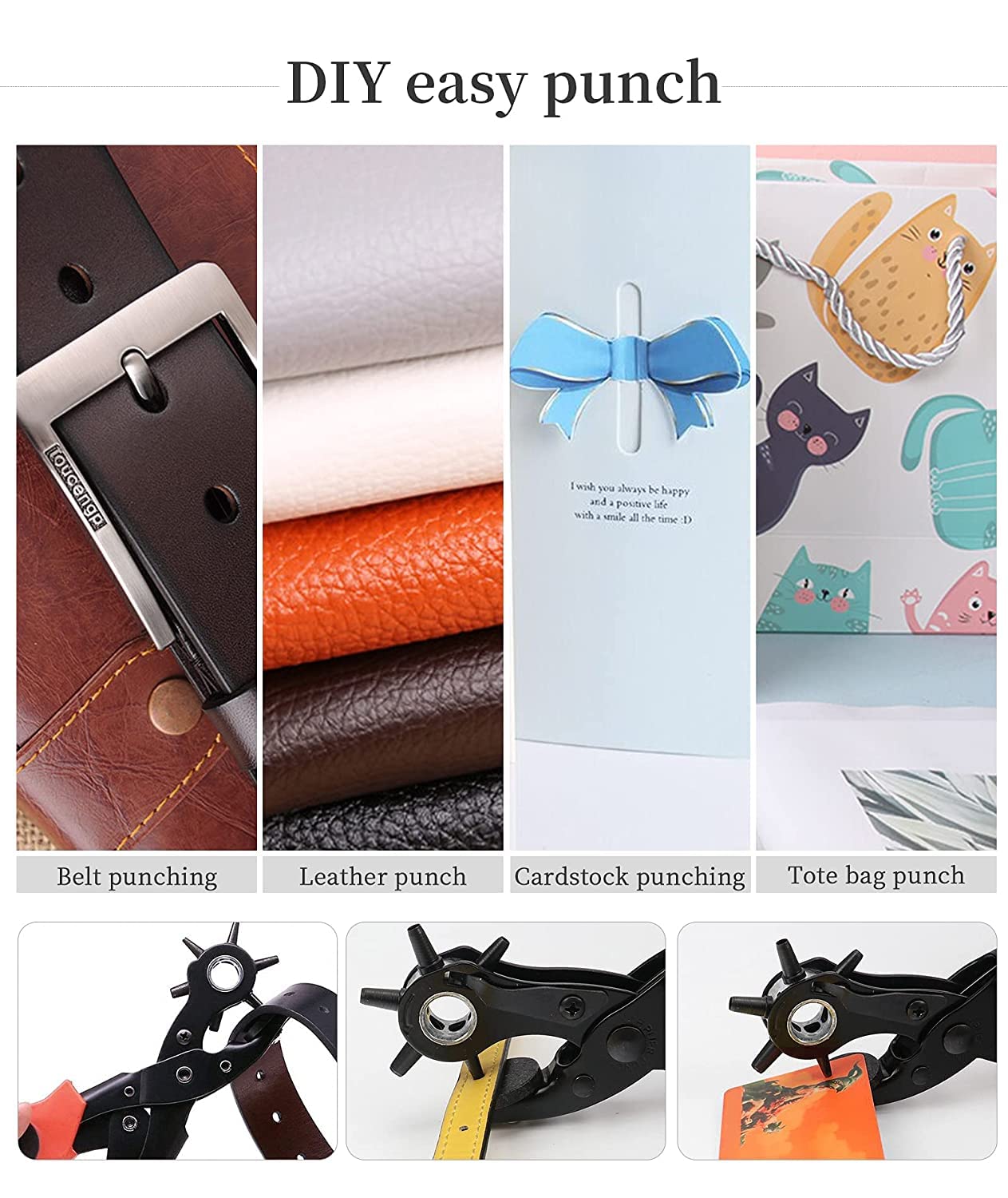 Leather Hole Punch Kit – Revolving Punch Plier for Belts, Watches, Handbags, 6 Adjustable Sizes 2–4.5mm