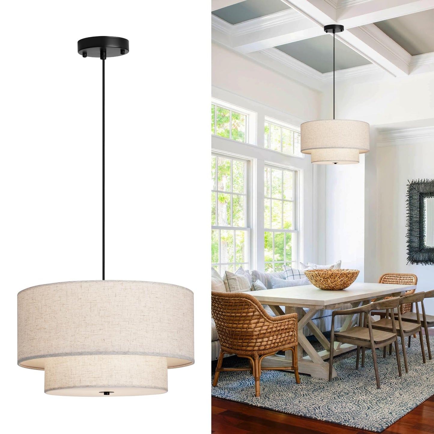 **HILUXIA 18” Modern Double Drum Fabric Pendant Light, Dual Layer Hanging Ceiling Chandelier for Dining Room, Living Room, Bedroom & Kitchen**