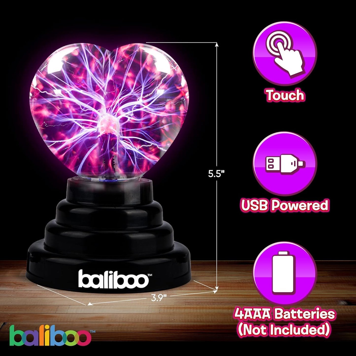 BALIBOO 4" Heart Plasma Lamp – Touch-Activated Lightning Globe, USB & Battery Powered, Interactive Science Ball, Valentine's Gift