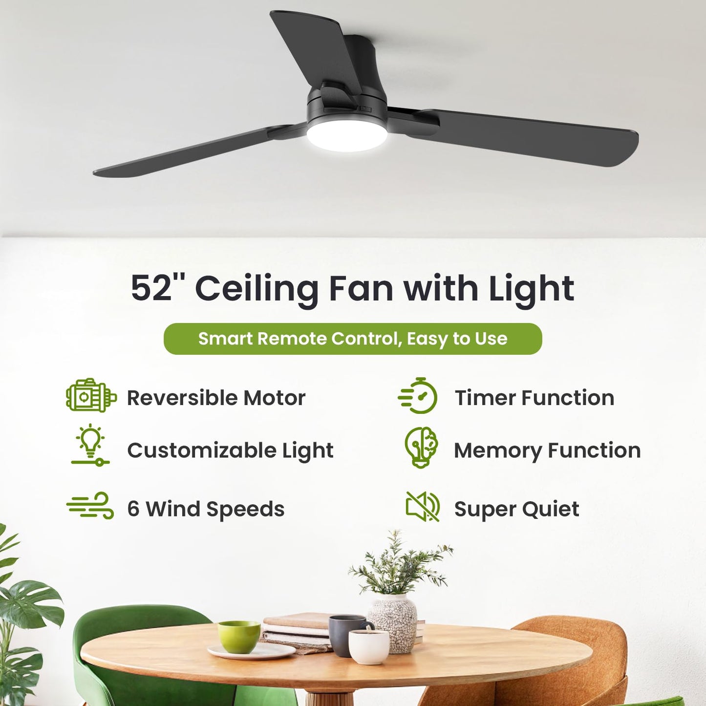 52” Low Profile Ceiling Fan with Lights & Remote, Flush Mount Modern Black, Quiet Reversible DC Motor, 3CCT Dimmable LED