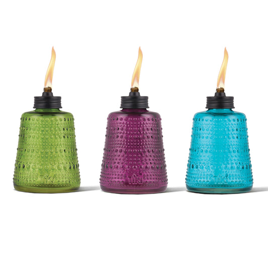TIKI Carnival Glass Tabletop Torches 3-Pack – Portable 6" Outdoor Flame Torches for Patio, Backyard & Garden, Blue, Green & Purple