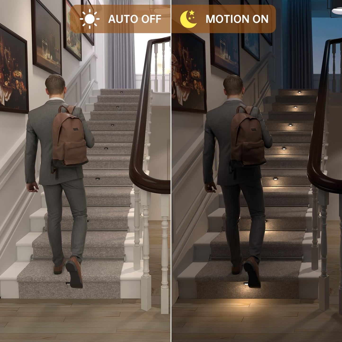 **RWOFNIA Motion-Activated LED Stair Lighting Kit, Warm White 2700K Mini Lights for Indoor Carpeted or Wooden Stairs, 8 Bulbs**