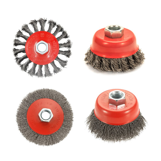 AUPREX 4 Pack Wire Wheel Brush Set for Angle Grinders, 4 & 3 Inch, 5/8'-11 Thread Arbor, Twist Knotted Coarse Crimped Wire Brushes