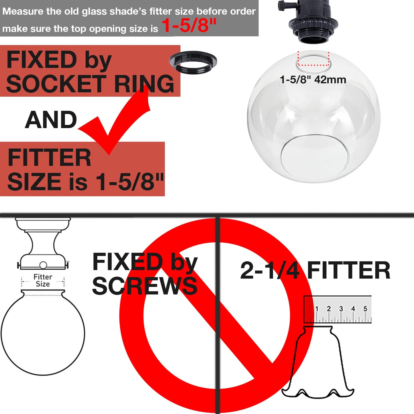 Euzhilumi Glass Lamp Shade Replacement Globe for Light Fixture, 1-5/8 inch Fitter, 7.1" Diameter, 6.3" Height, Clear Glass Cover