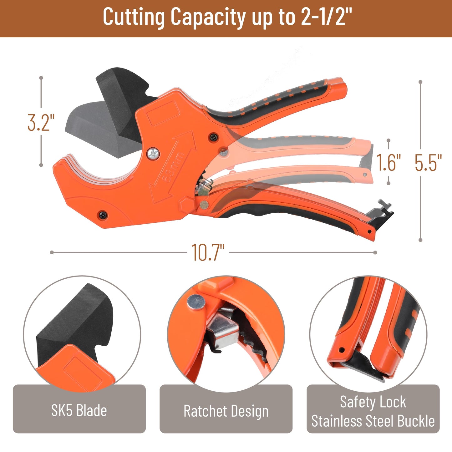 Bates PVC Pipe Cutter, Ratcheting Tool for PVC, PEX & Plastic Pipes up to 2-1/2", Heavy-Duty Orange Shears