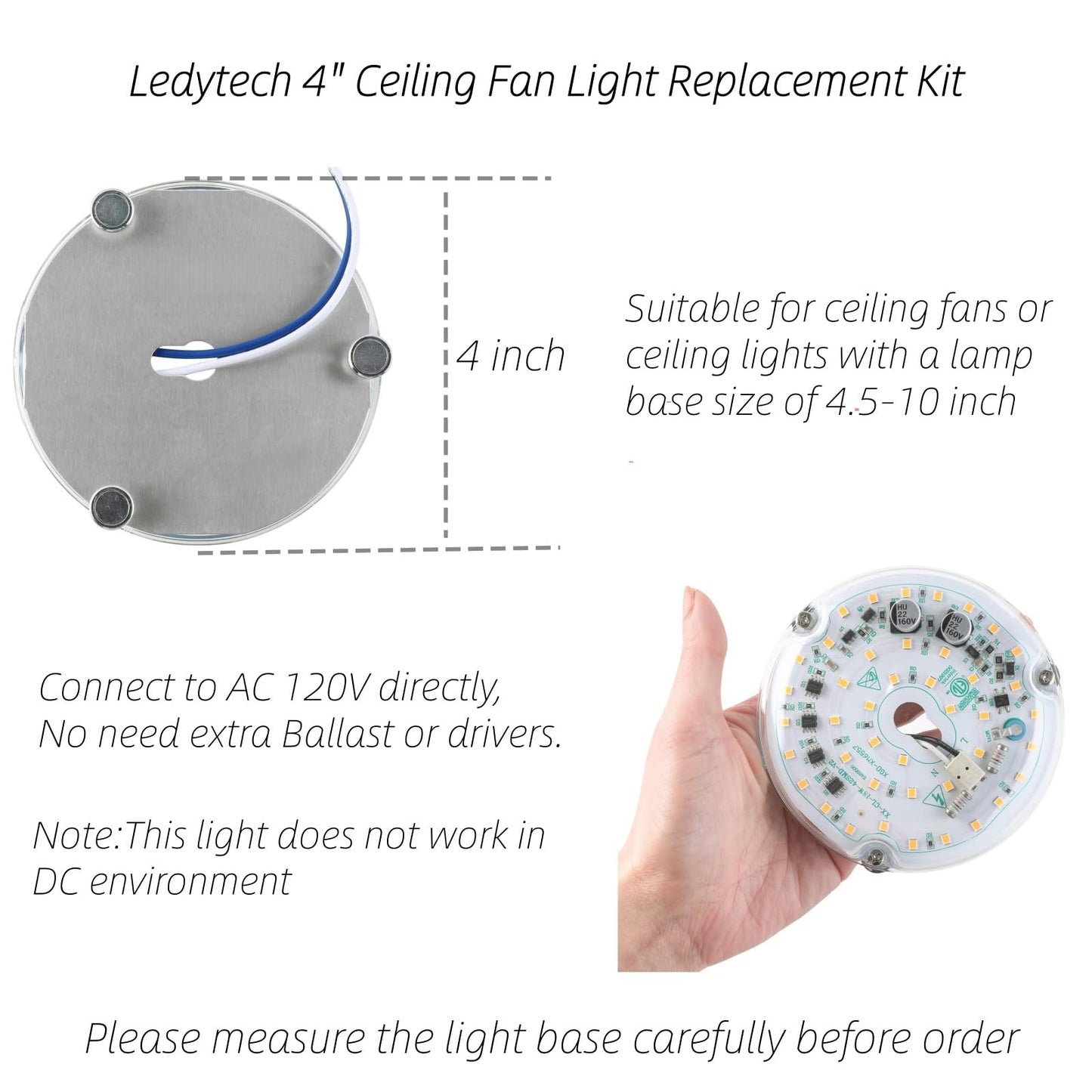 Ledytech 4 inch LED Retrofit Light Kit for Ceiling Fan Light Replacement Panel PCB 18W 6000K 2200LM 120V CRI90 Dimmable ETL (White 6000K)
