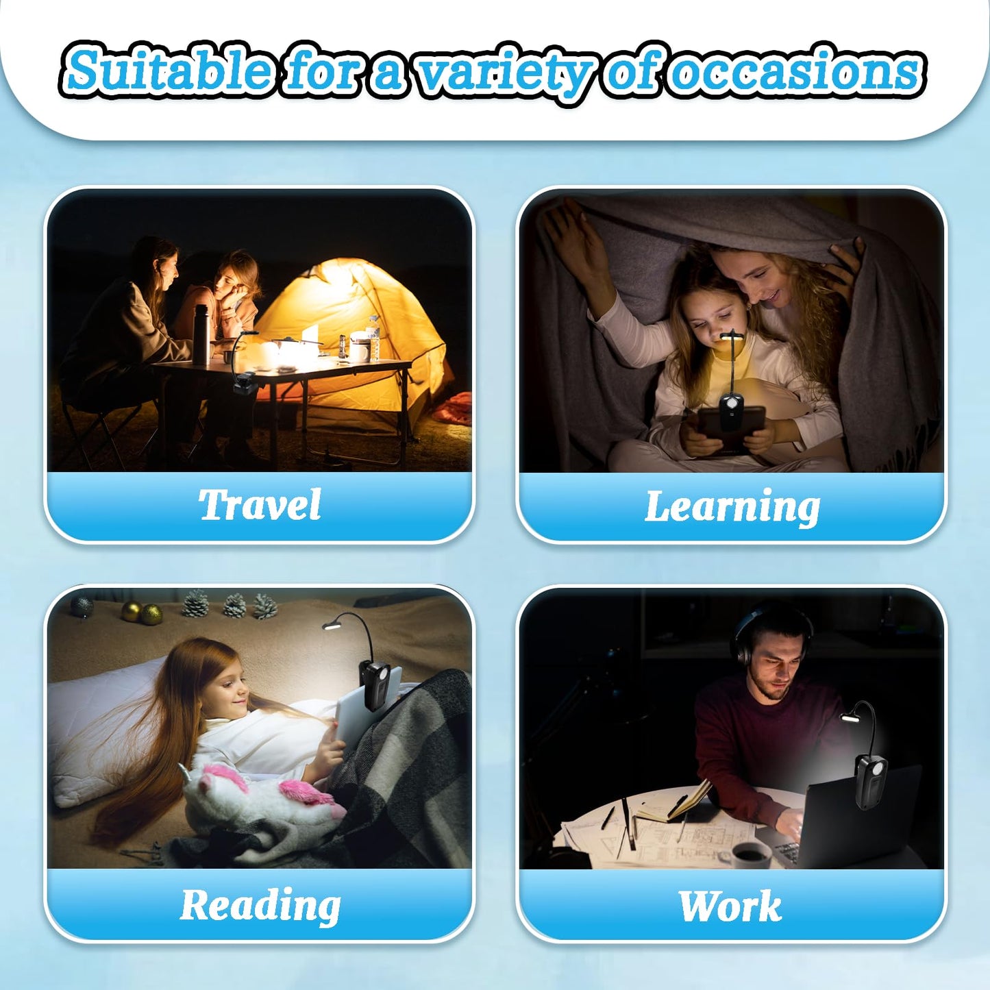 Rechargeable Clip-On Book Light for Reading in Bed, 3 Color Temperatures, Stepless Dimming, 360° Rotatable with Magnetic Base