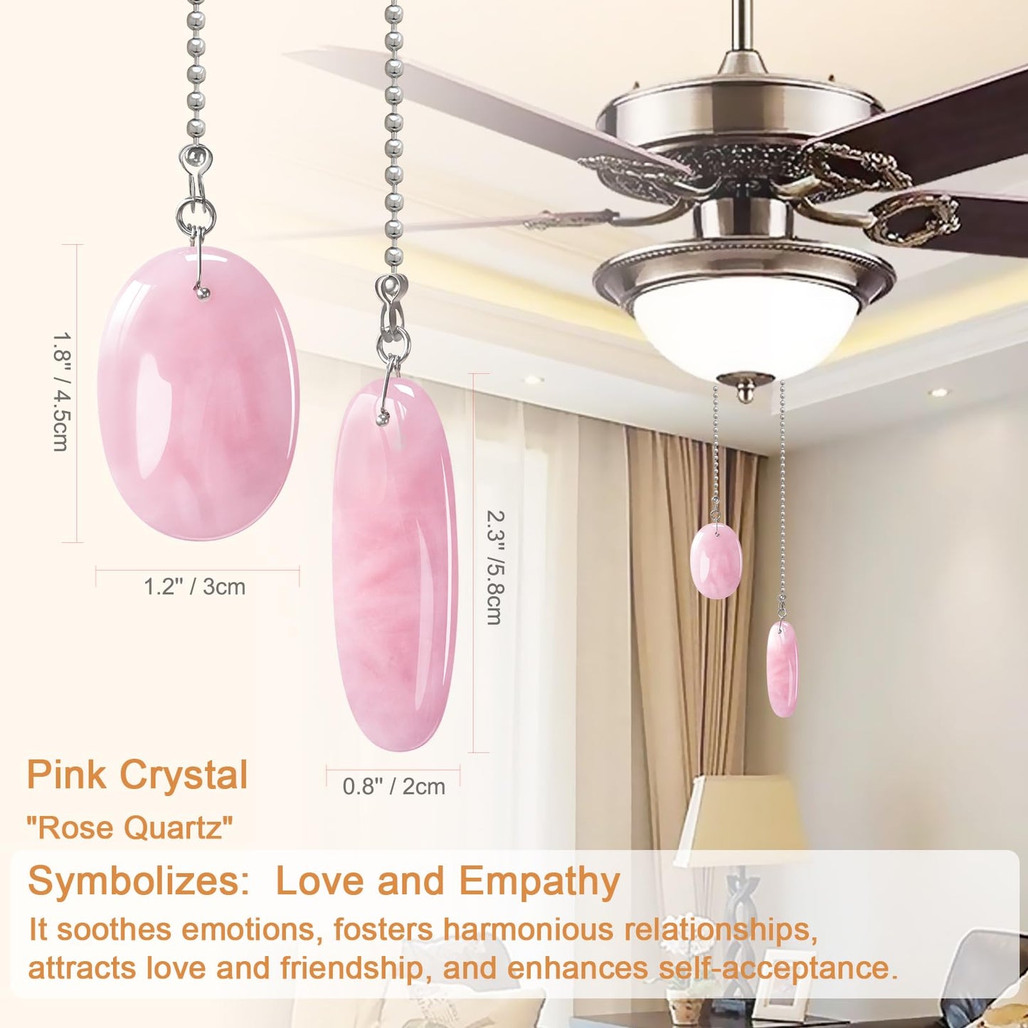 LEFERS Ceiling Fan Pull Chain, 2 Pieces Natural Gemstone Pendants with 12" Ceiling Fan Chain Extender and Connector (Rose Quartz)