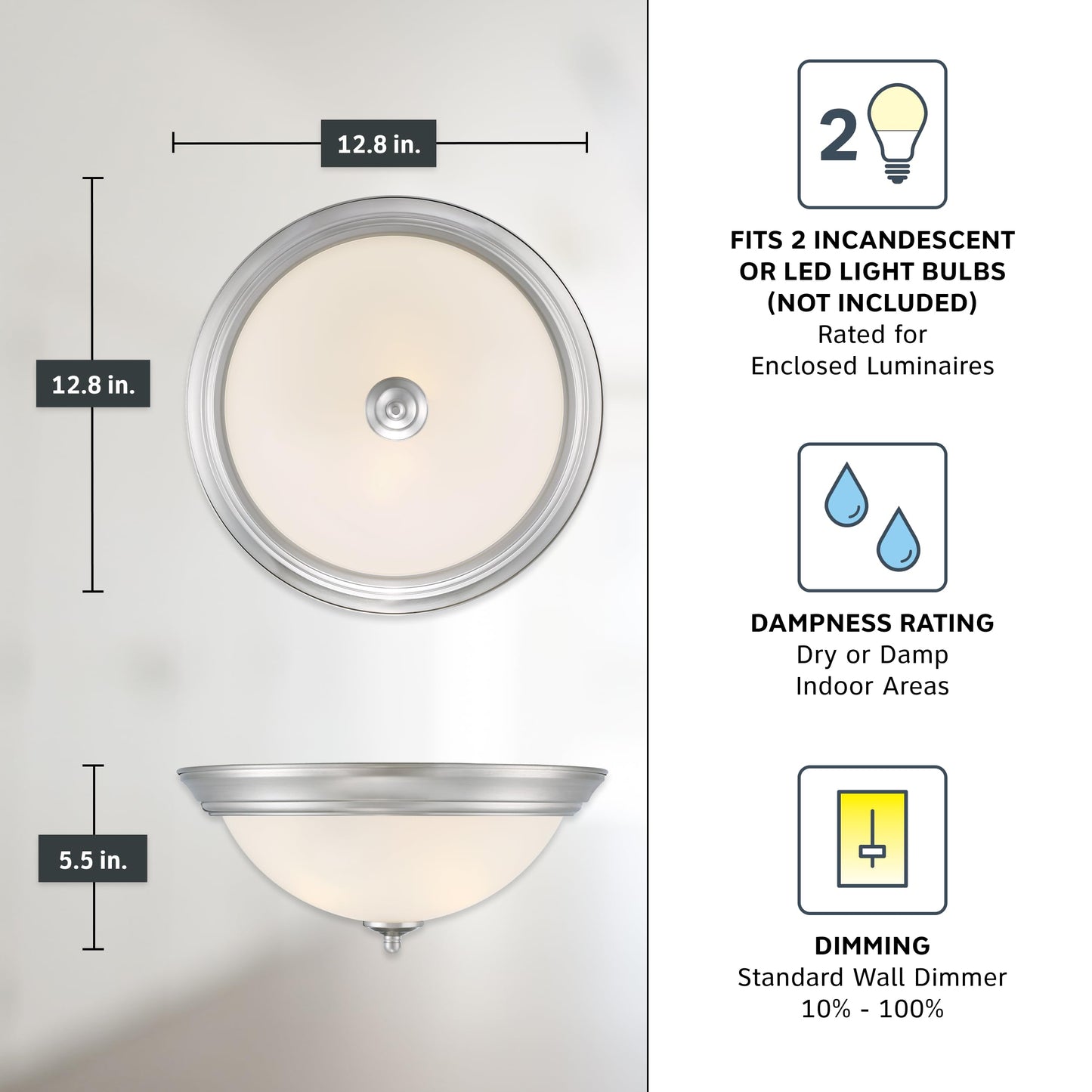 Designers Fountain 2-Pack 13" Flush Mount Ceiling Light, Frosted Glass Fixture for Kitchen, Bedroom, Bathroom, Hallway, Brushed Nickel