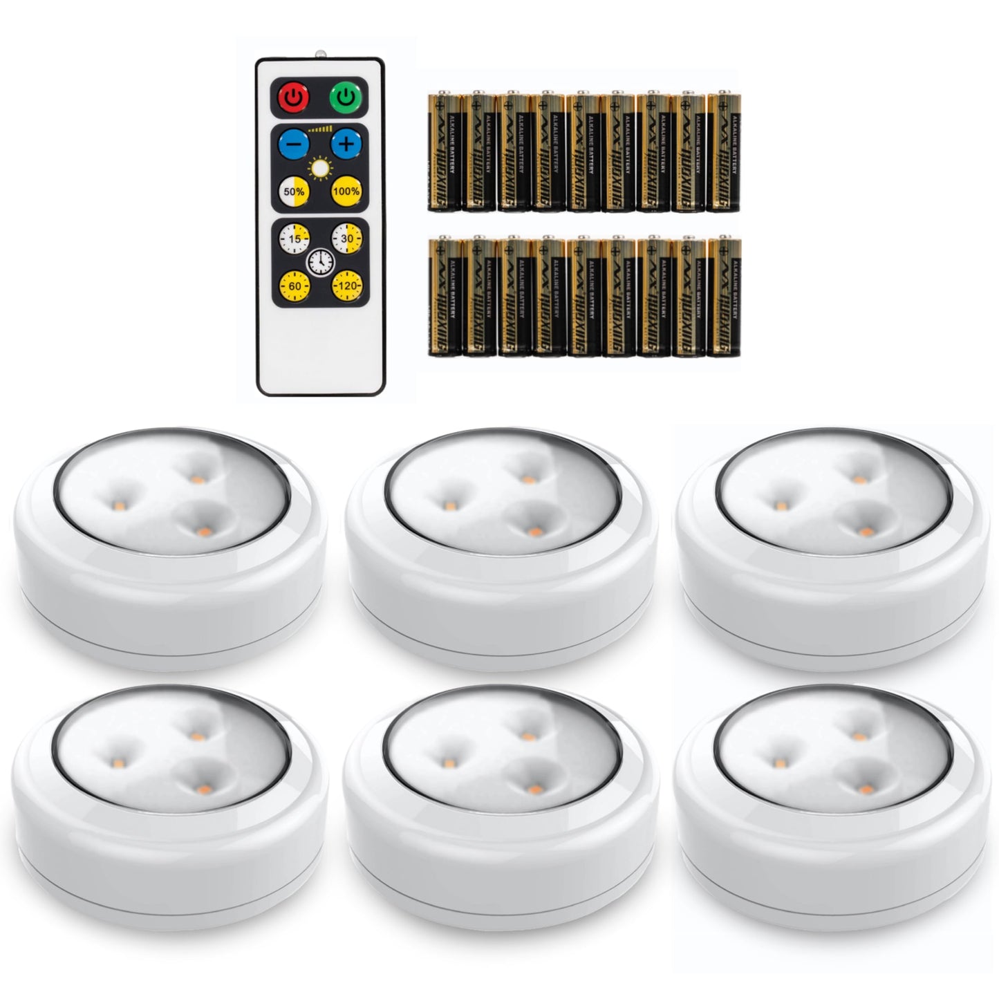 Brilliant Evolution 6-Pack Stick-On LED Push Lights with Remote – Battery Operated Puck Lights for Kitchen, Closet, Cabinet, Counter
