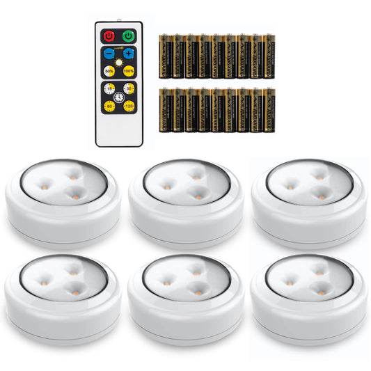 Brilliant Evolution 6-Pack Stick-On LED Push Lights with Remote – Battery Operated Puck Lights for Kitchen, Closet, Cabinet, Counter