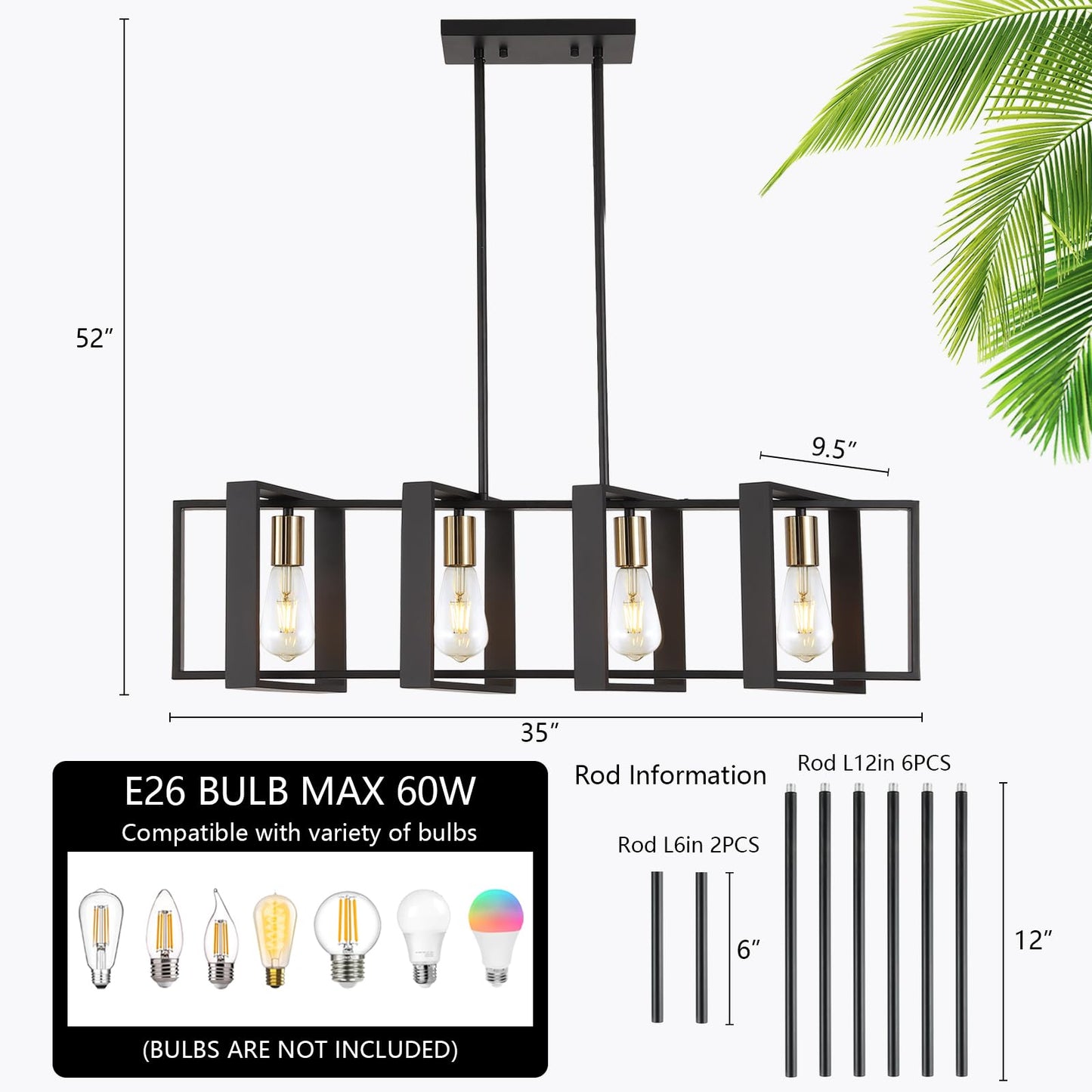 35.4" Kitchen Island Lighting Fixture, Dining Room 4 Lights Chandeliers, Black Wood+Metal Pendant Light for Foyer Hallway Living Room