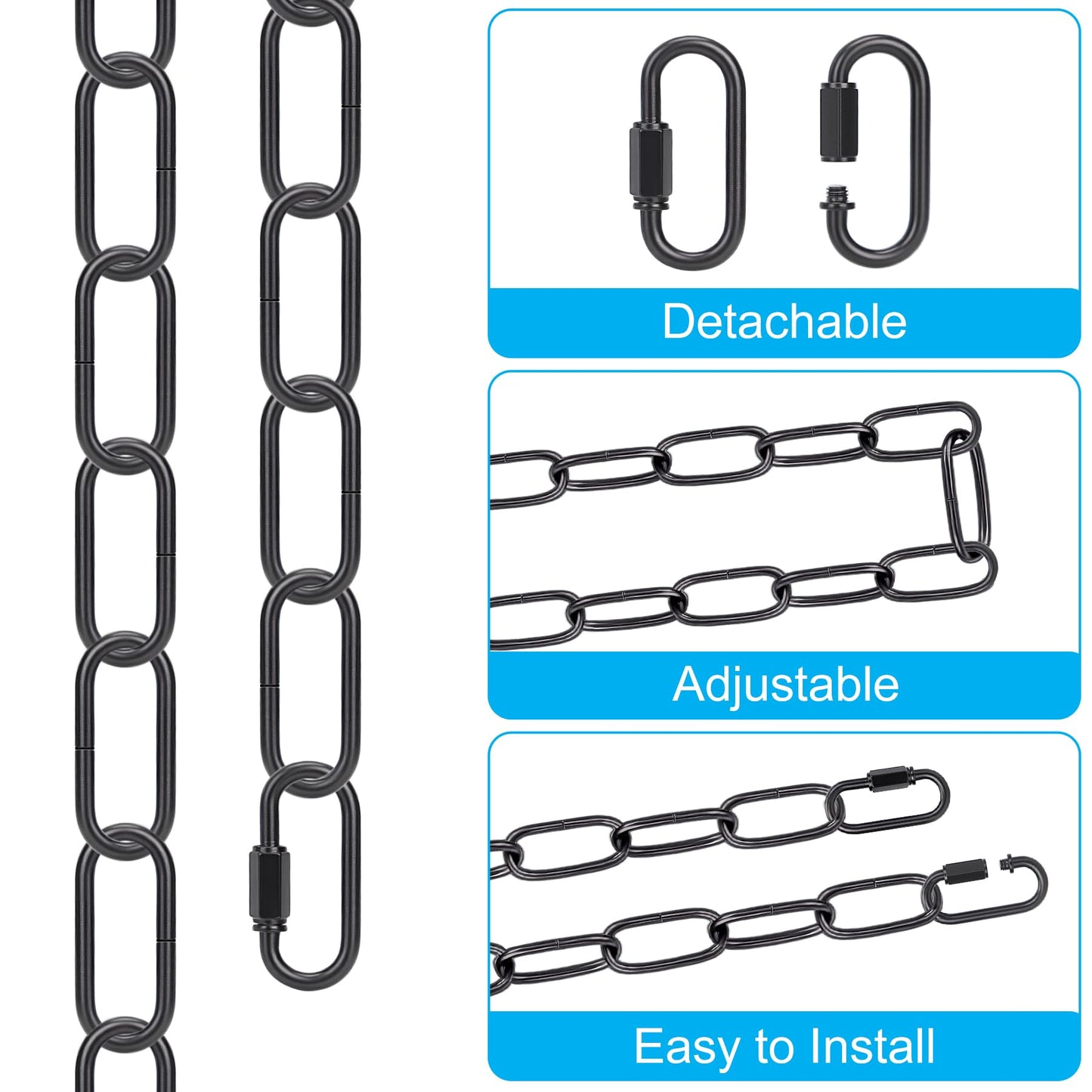 6ft Black Metal Pendant Lamp Chain – Adjustable Heavy-Duty Fixture with Detachable Links, Supports Up to 66 lbs Hanging Lamps