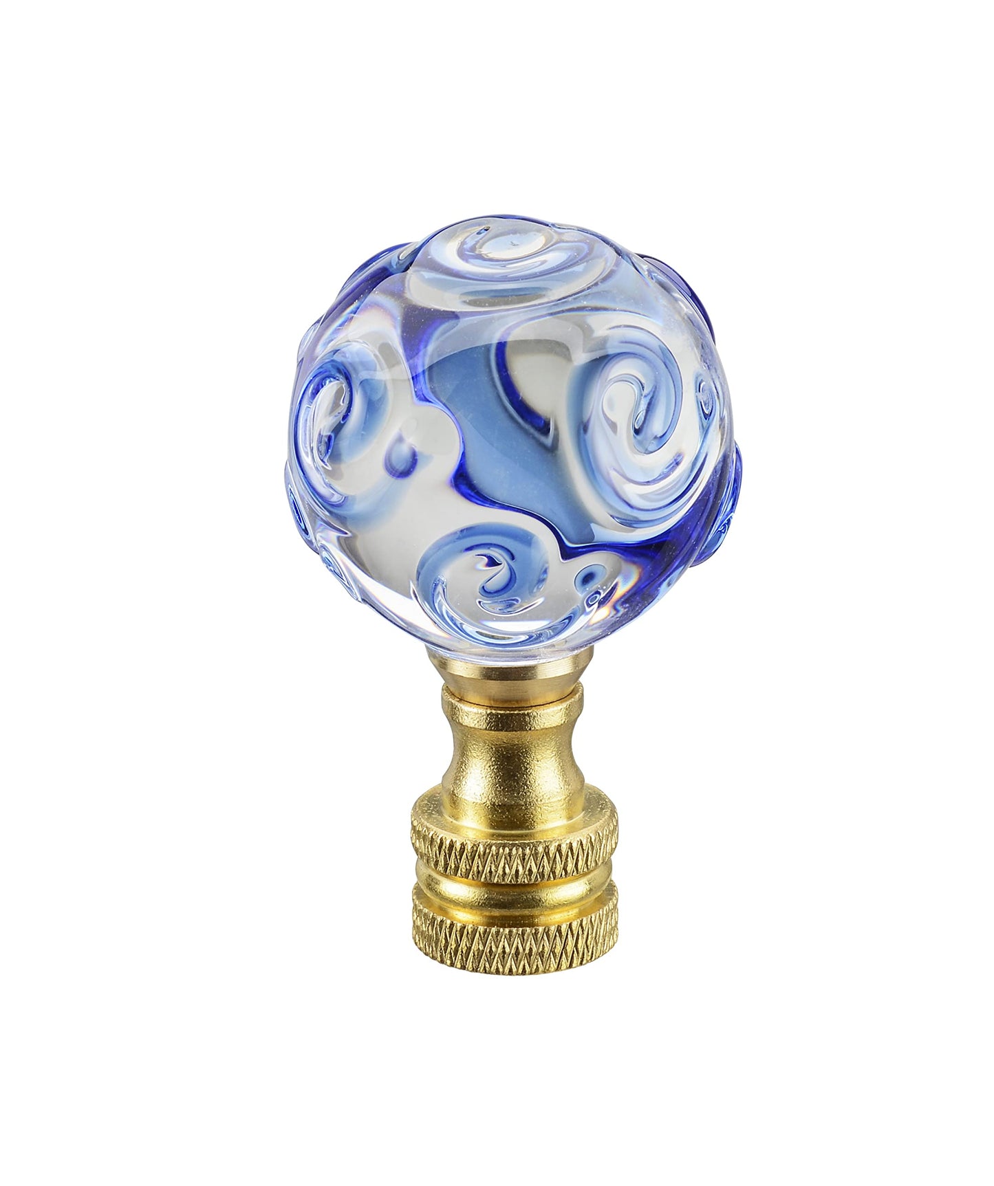 Aspen Creative 24034-21, Sphyer Finial for Lamp Shade, Clear Glass w/Blue Spiral Grain 2 Tone in Brass, 2" Height