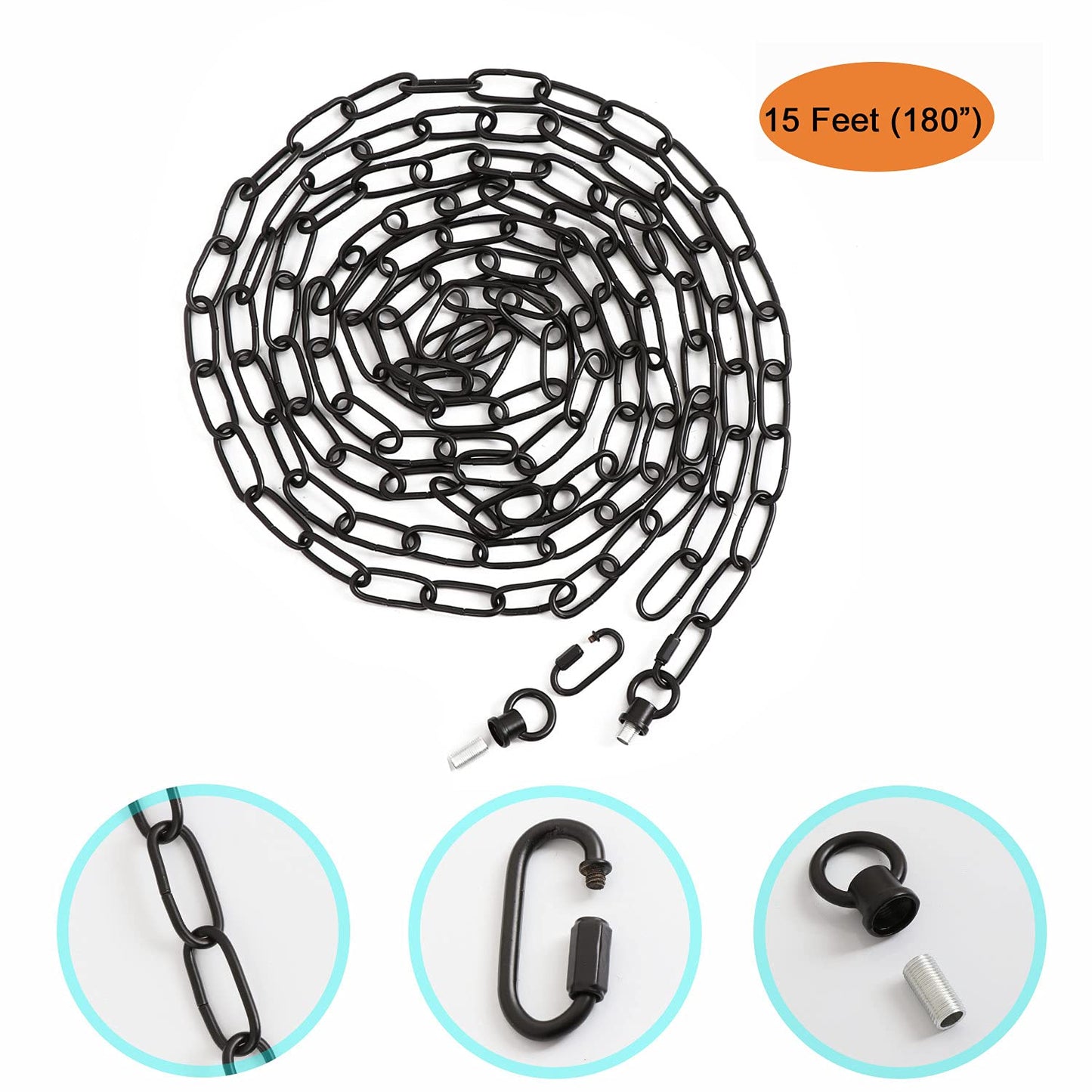 Voguad 15ft Black Pendant Lighting Chain, Heavy-Duty Hanging Extension with Connection Locks, Swag Light Fixture Chain, 65 lb Load Capacity