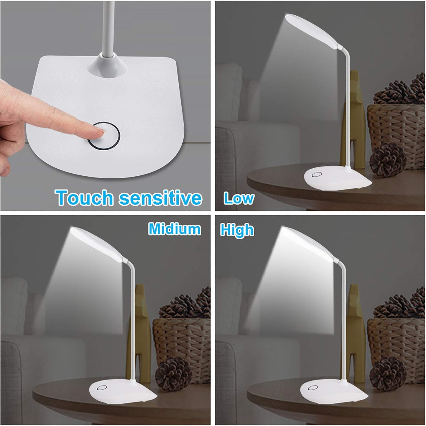 DEEPLITE LED Desk Lamp with Flexible Gooseneck, 3-Level Dimmable Touch Control, Battery Operated 5W Portable Table Lamp for Study, Office, Bedroom, Eye-Caring