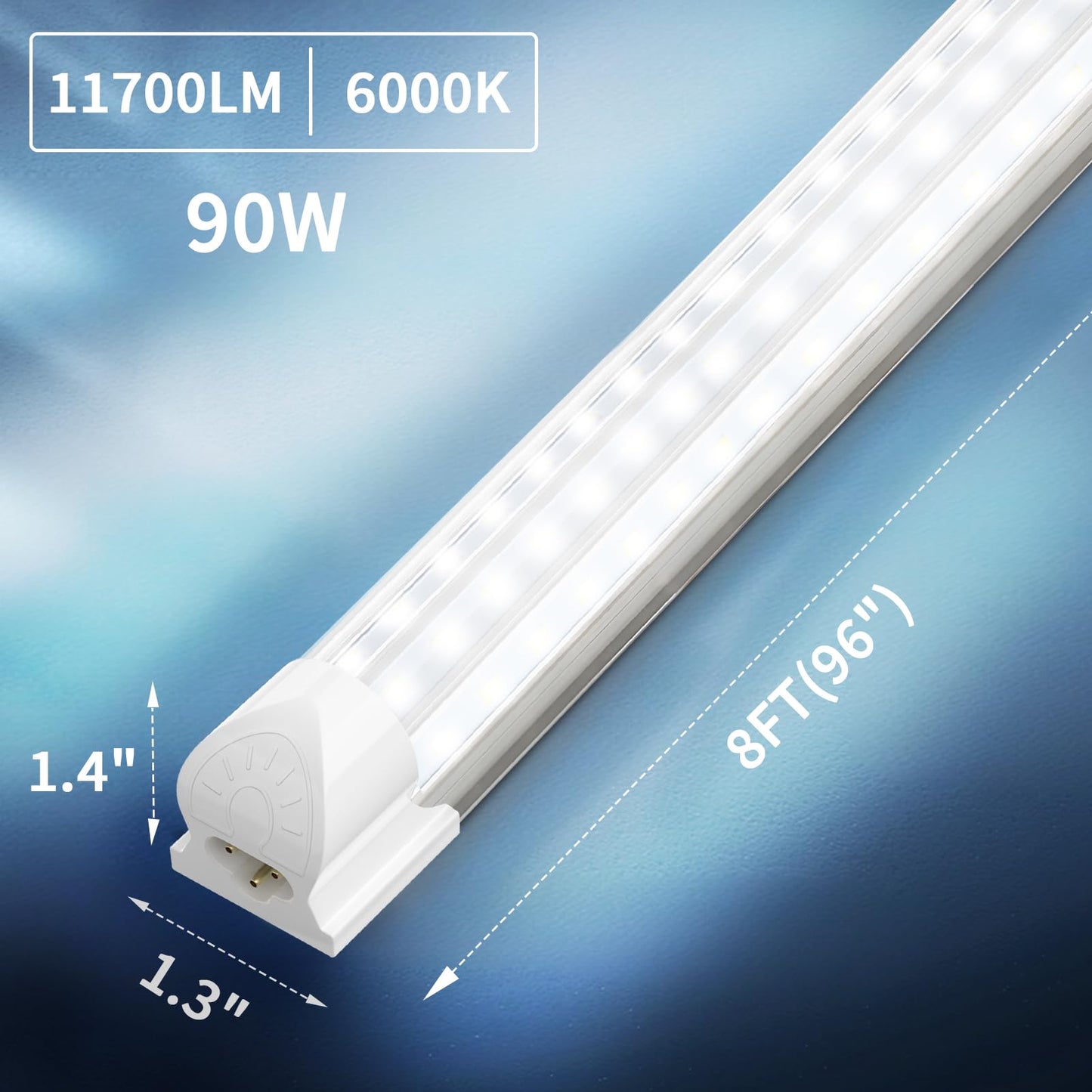 SHOPLED 8FT LED Shop Light 90W 11700LM 6000K Cool White, 300° D-Shape, Linkable T8 Tube, 4-Pack for Garage, Workshop, Warehouse