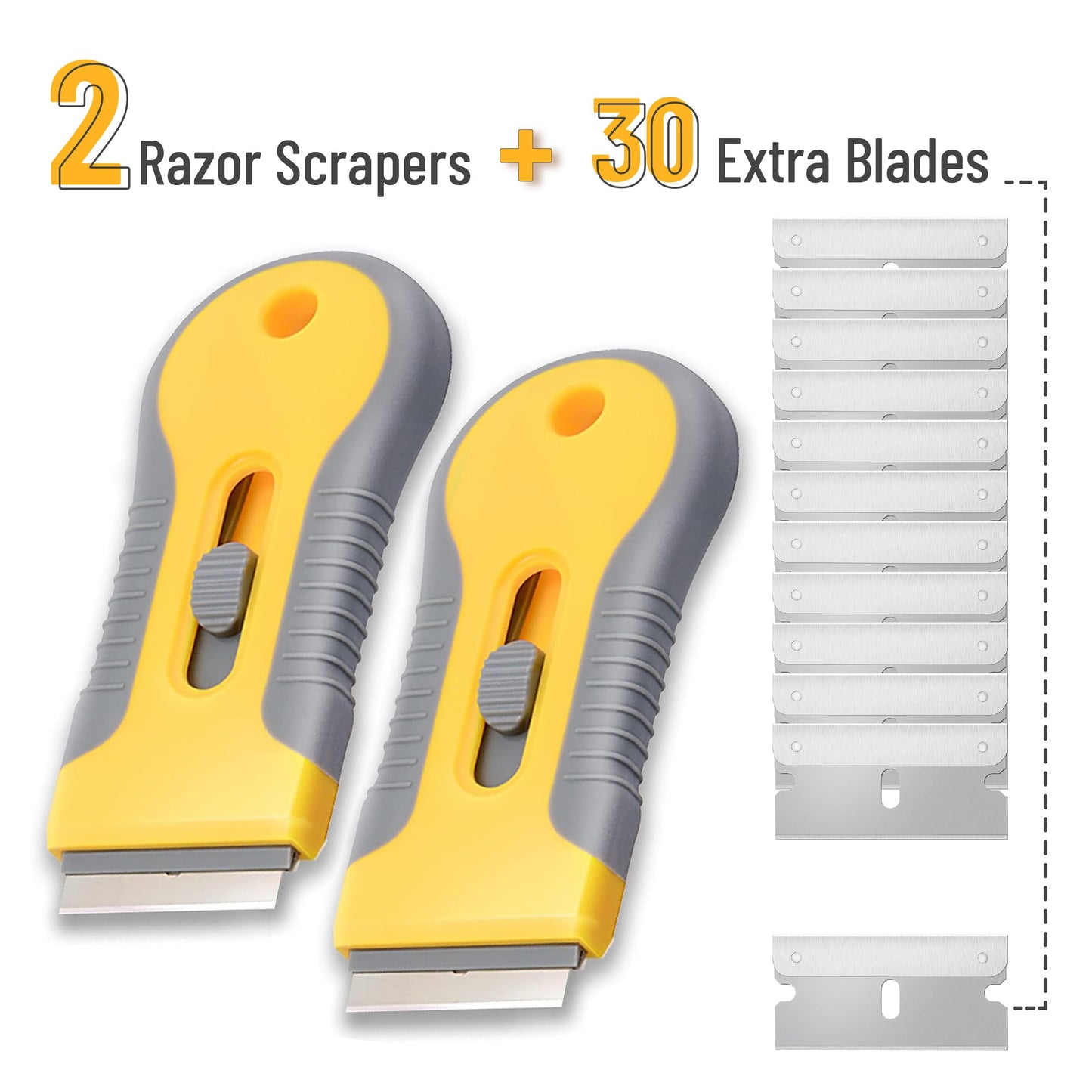 Bates 2-Pack Razor Blade Scraper Set with 30 Extra Blades – Retractable Window, Glass & Multi-Purpose Scraper Tool