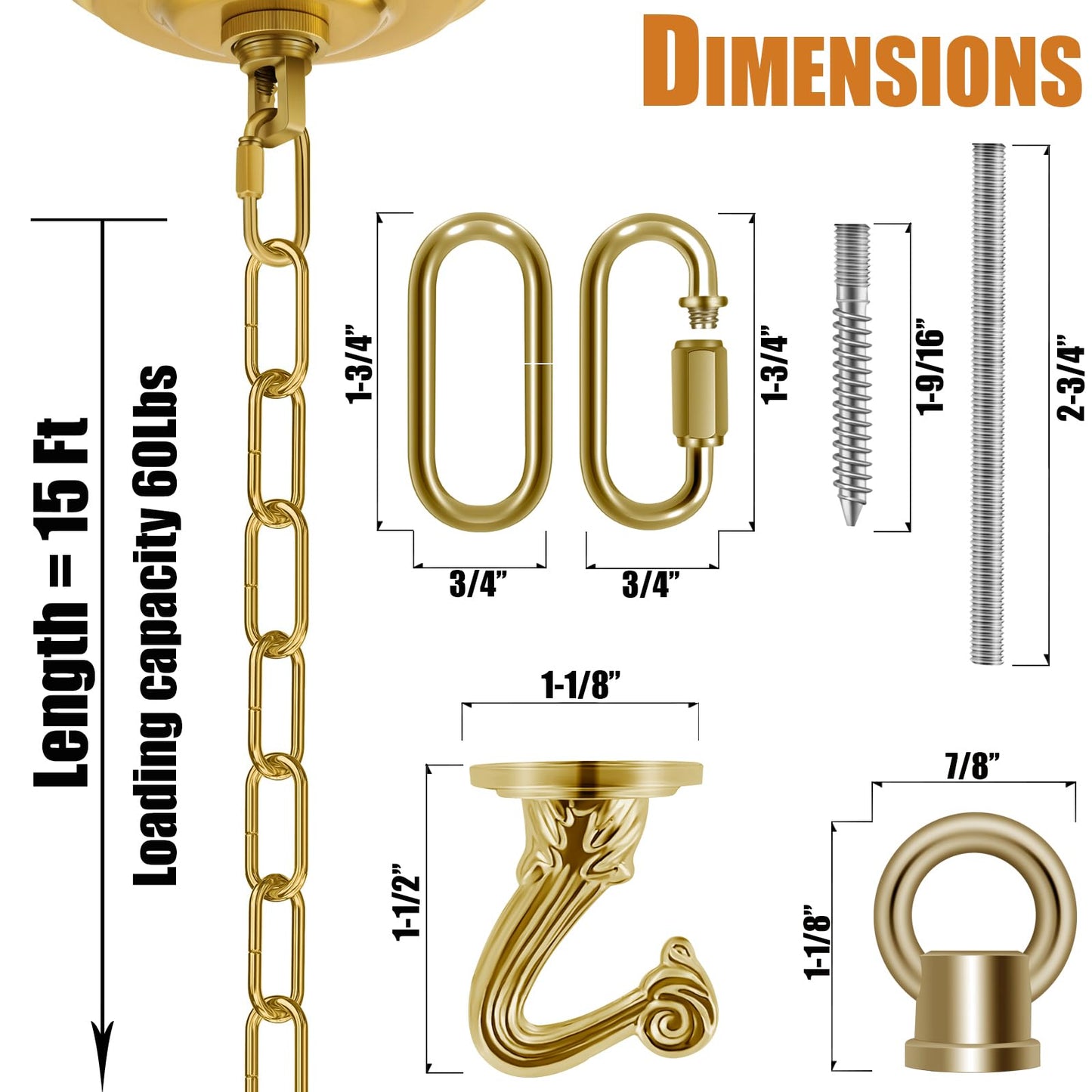 Omytie 15 Ft Heavy Duty Hanging Chain Kit with Locks & Swag Hooks for Chandelier, Pendant, Lantern, Plant, Bird Feeder – Brass