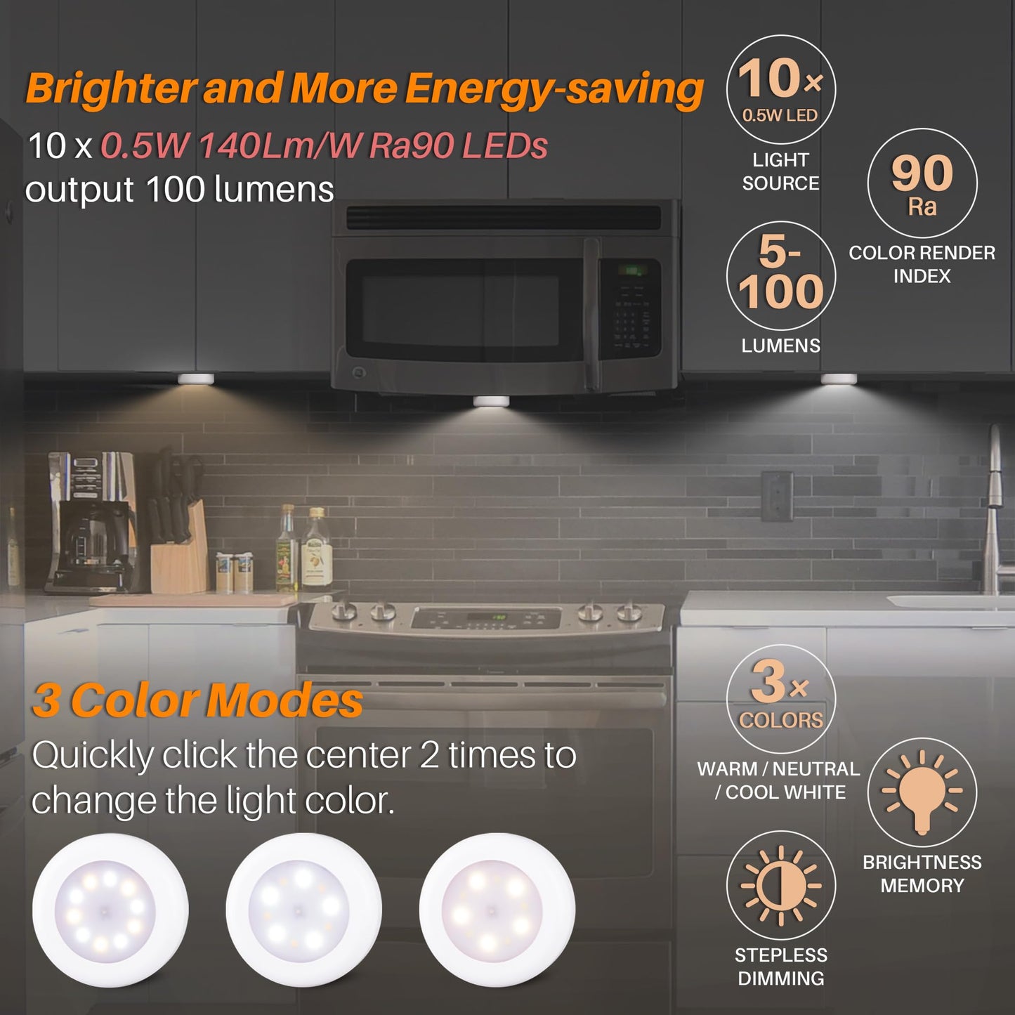 STAR-SPANGLED 4-Pack 3.1” Dimmable LED Push Tap Lights, AA Battery, 3 Colors, Stick-On Touch Puck Lamps for Kitchen, Closet, Classroom